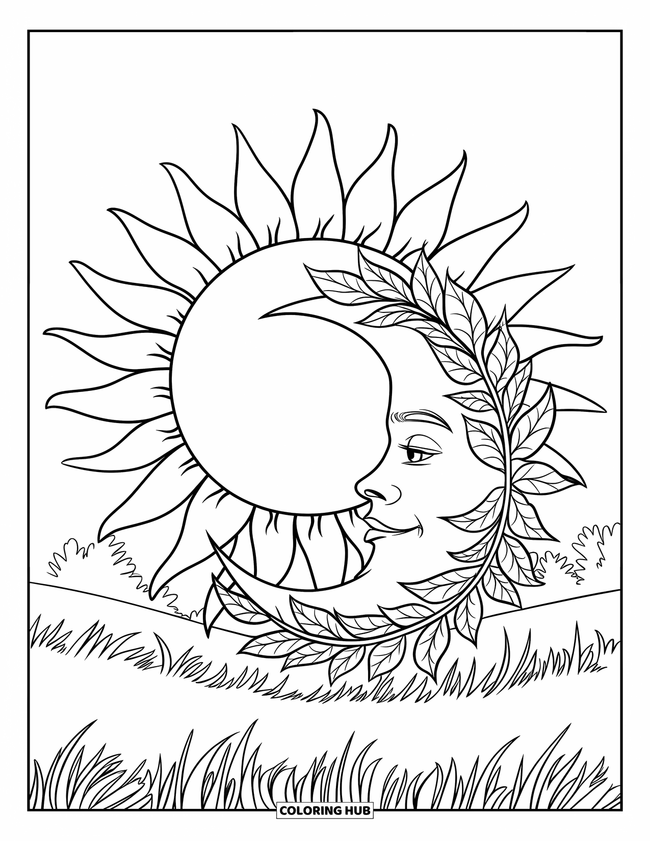 Sun And Moon Coloring Page for Kids: A sun with flower petals and a leafy moon rise above a grassy field