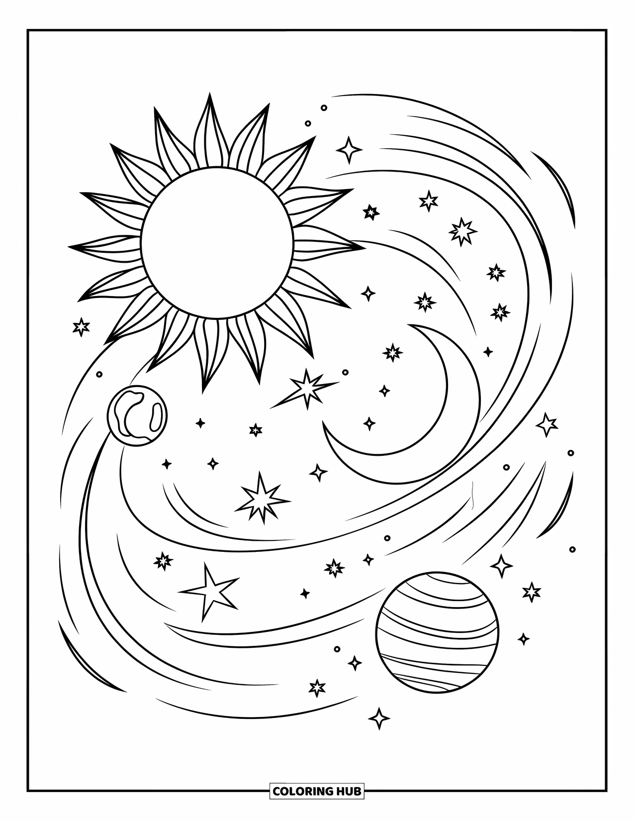 Sun And Moon Coloring Page for Kids: A swirling sky holds a floating sun and moon with stars and planets
