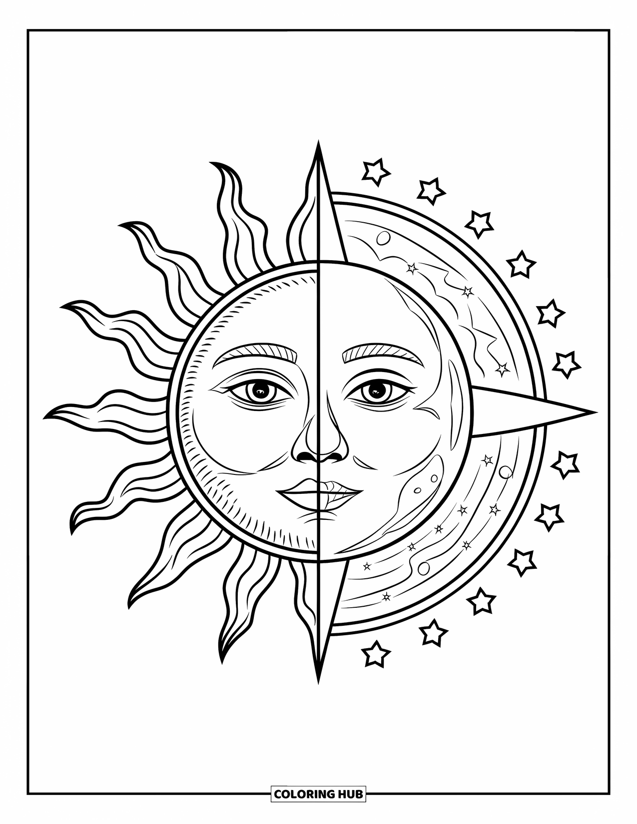 Sun And Moon Coloring Page for Kids: A textured sun and cratered moon share a face with wavy dividing lines