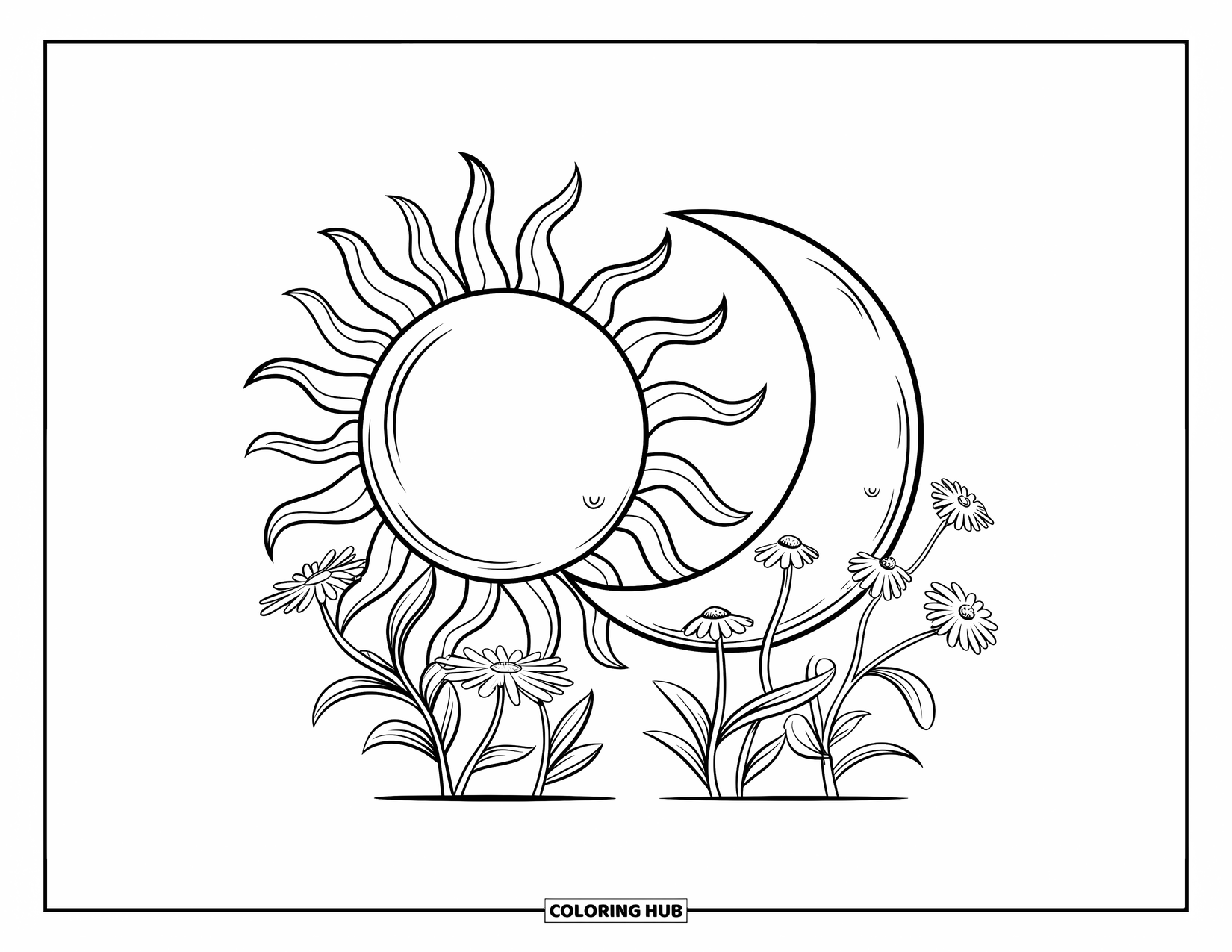 Sun And Moon Coloring Page for Kids: Flowers bloom around a bold sun and moon with soft rays and curves