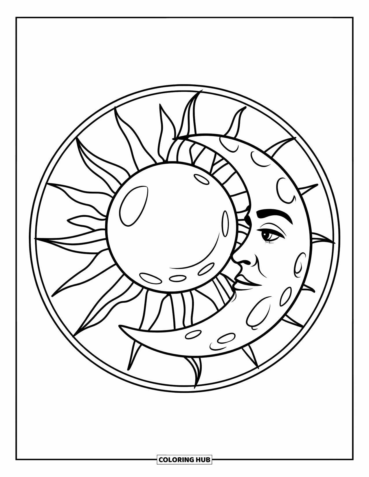 Sun And Moon Coloring Page for Kids: Sun and moon rest in a circle with bold rays and crater details