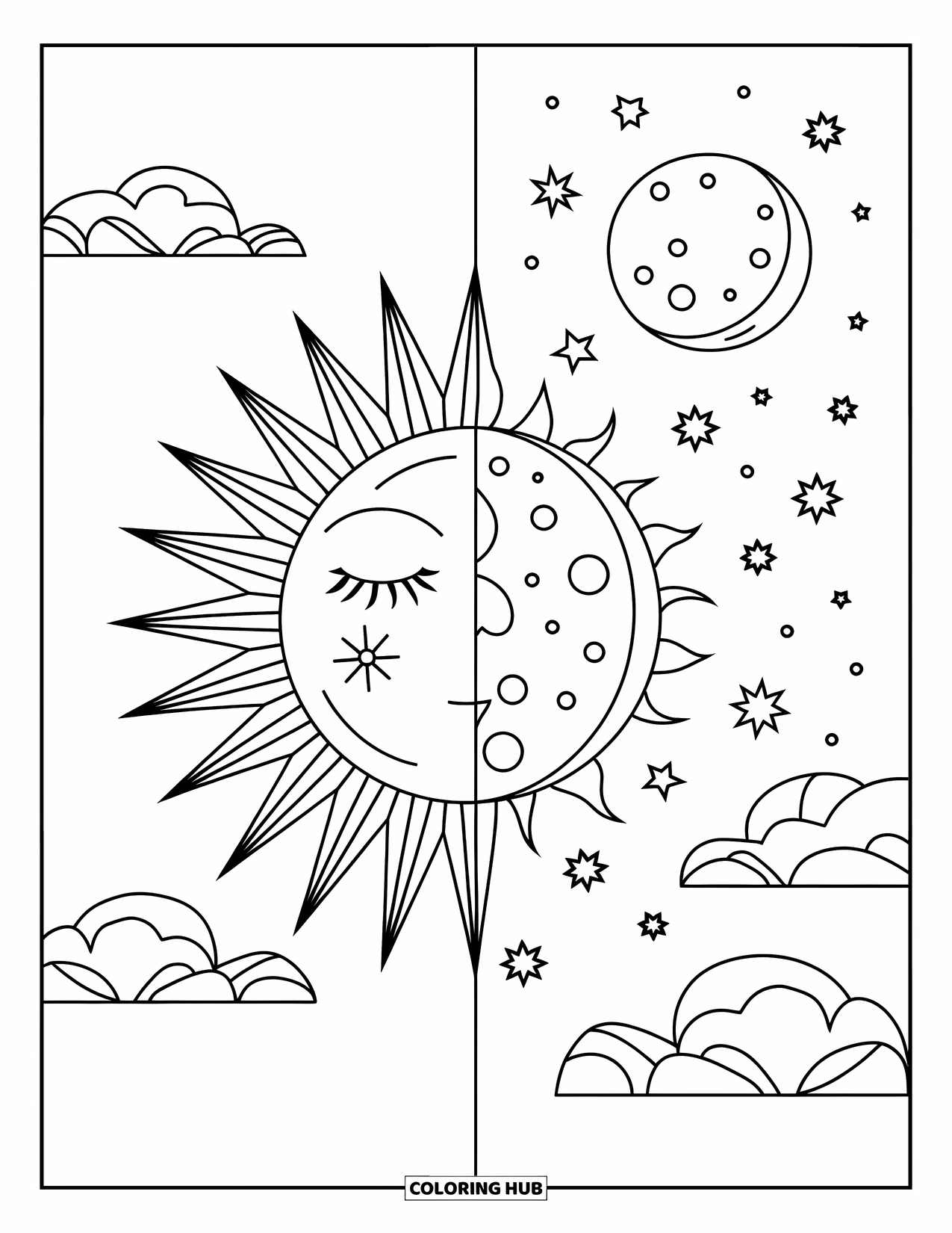 Sun And Moon Coloring Page for Kids: The sky divides between glowing sun and moon with tiny clouds and stars