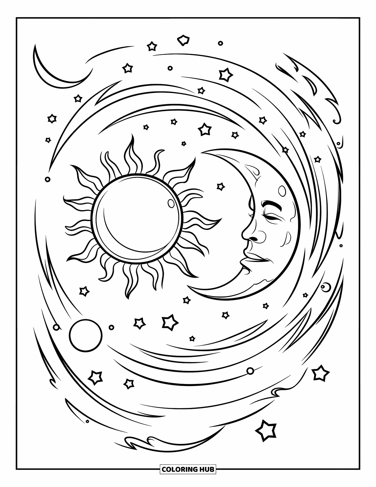 Sun And Moon Coloring Page for Kids: The sun and moon float in a swirling sky filled with bold star patterns