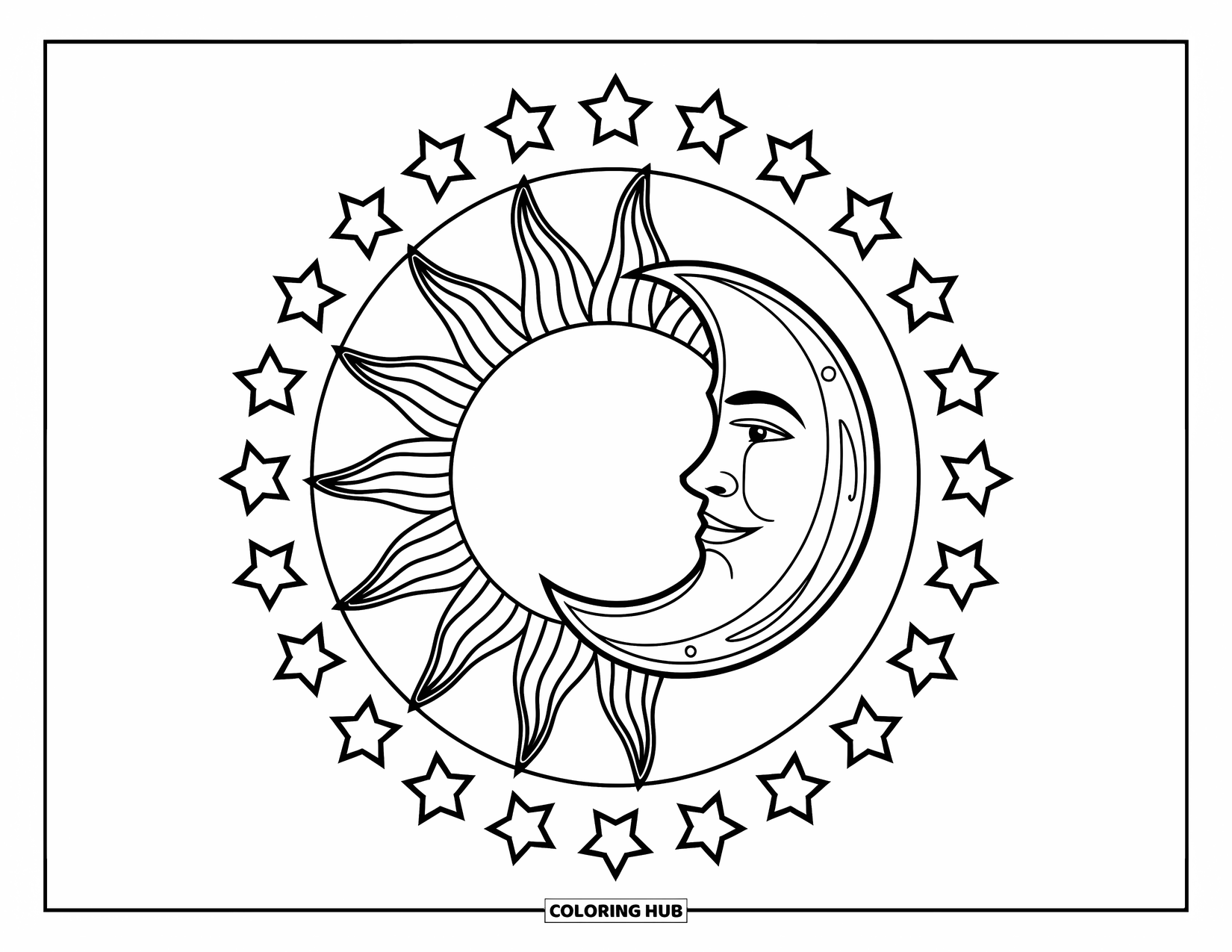 Sun And Moon Coloring Page for Kids: The sun and moon glow at the center with a circle of stars around them