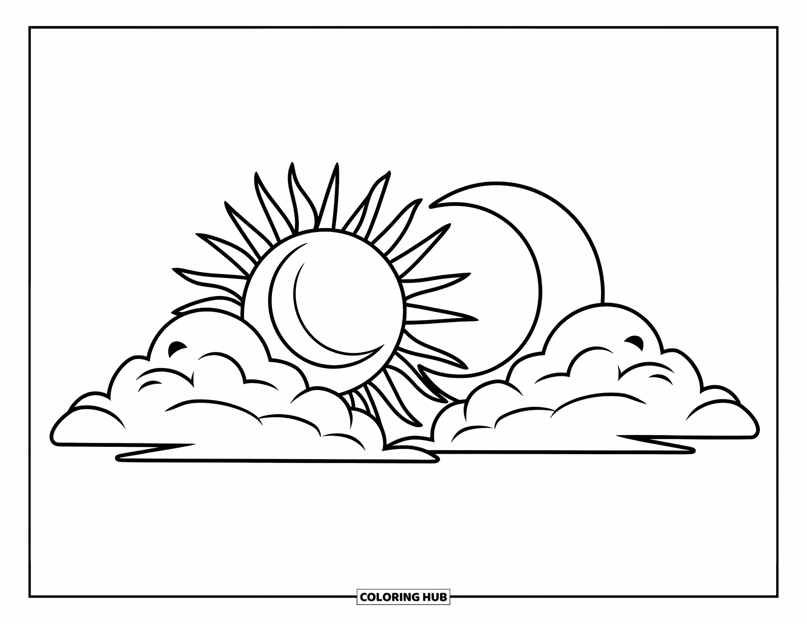 Sun And Moon Coloring Page for Kids: The sun and moon peek out from behind clouds in a playful sky