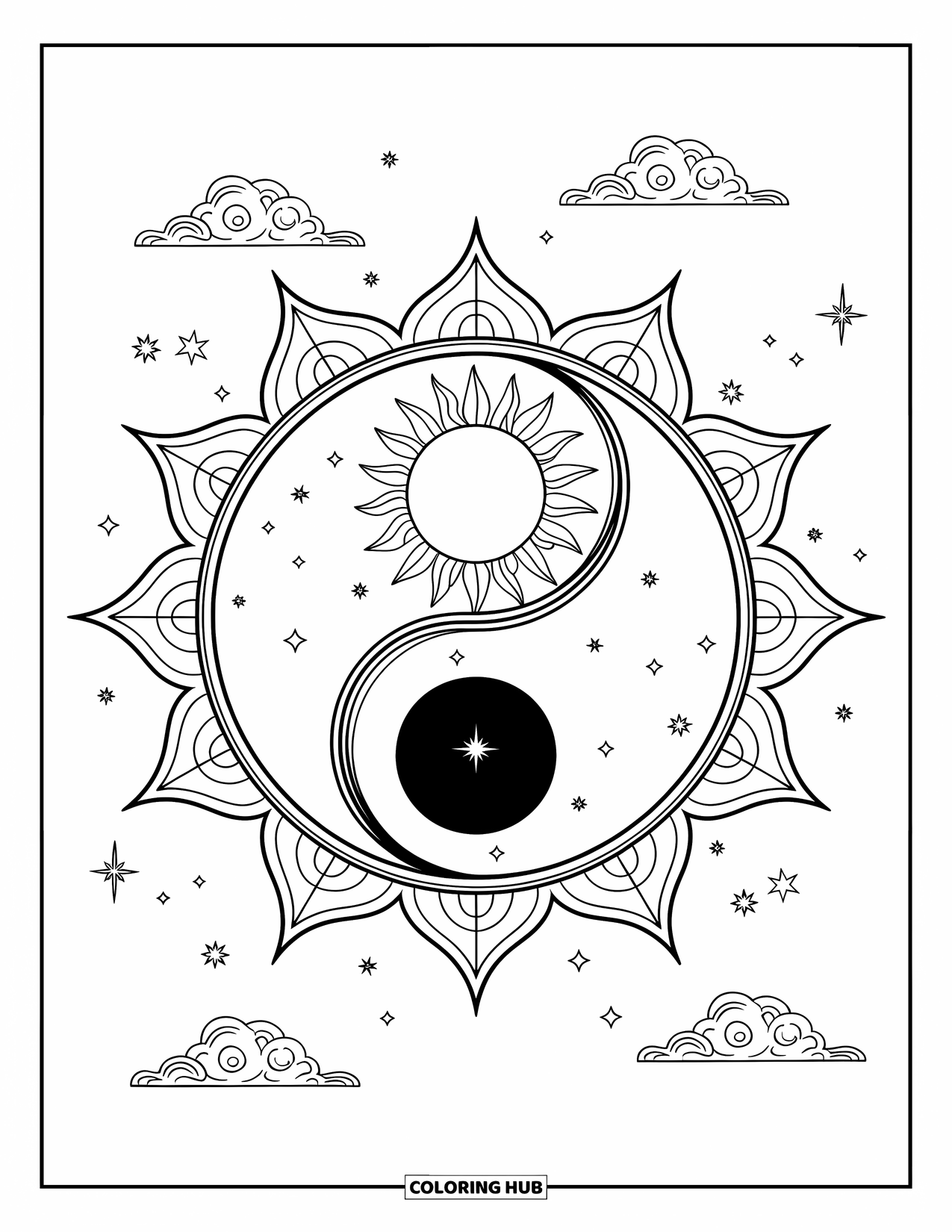 Sun And Moon Coloring Page for Kids: The sun and moon rest inside a yin-yang with stars and soft clouds