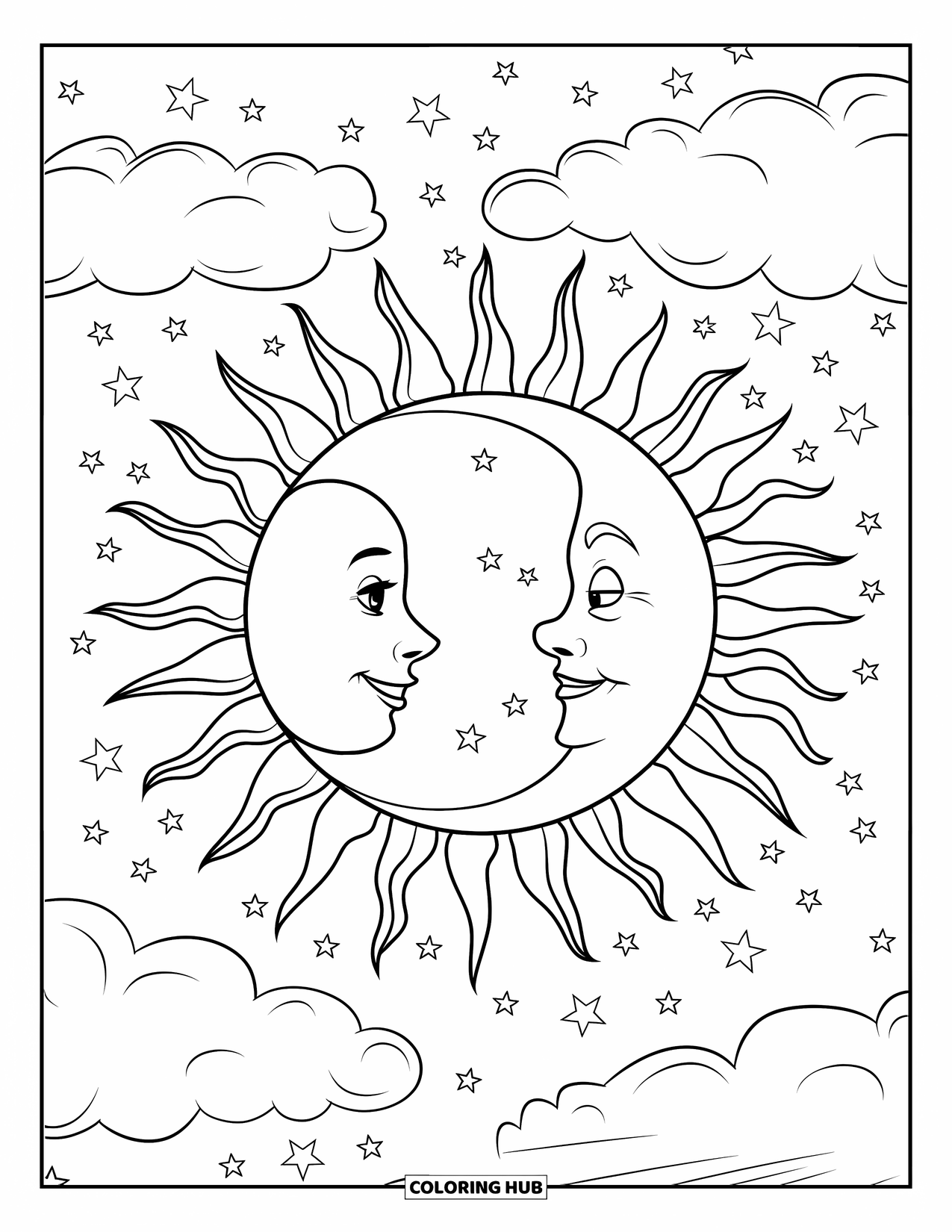Sun And Moon Coloring Page for Kids: The sun and moon smile at each other above clouds and stars