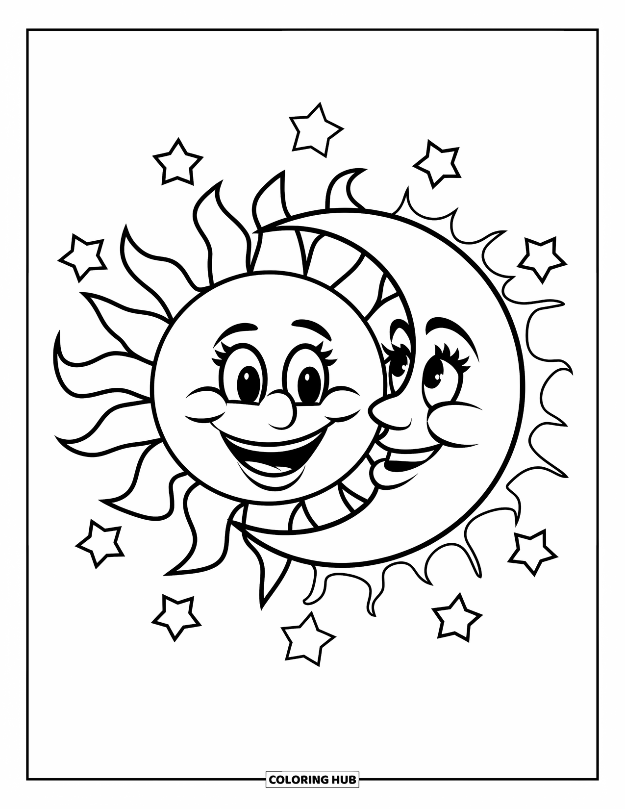 Sun And Moon Coloring Page for Kids: The sun and moon smile together with stars floating between them