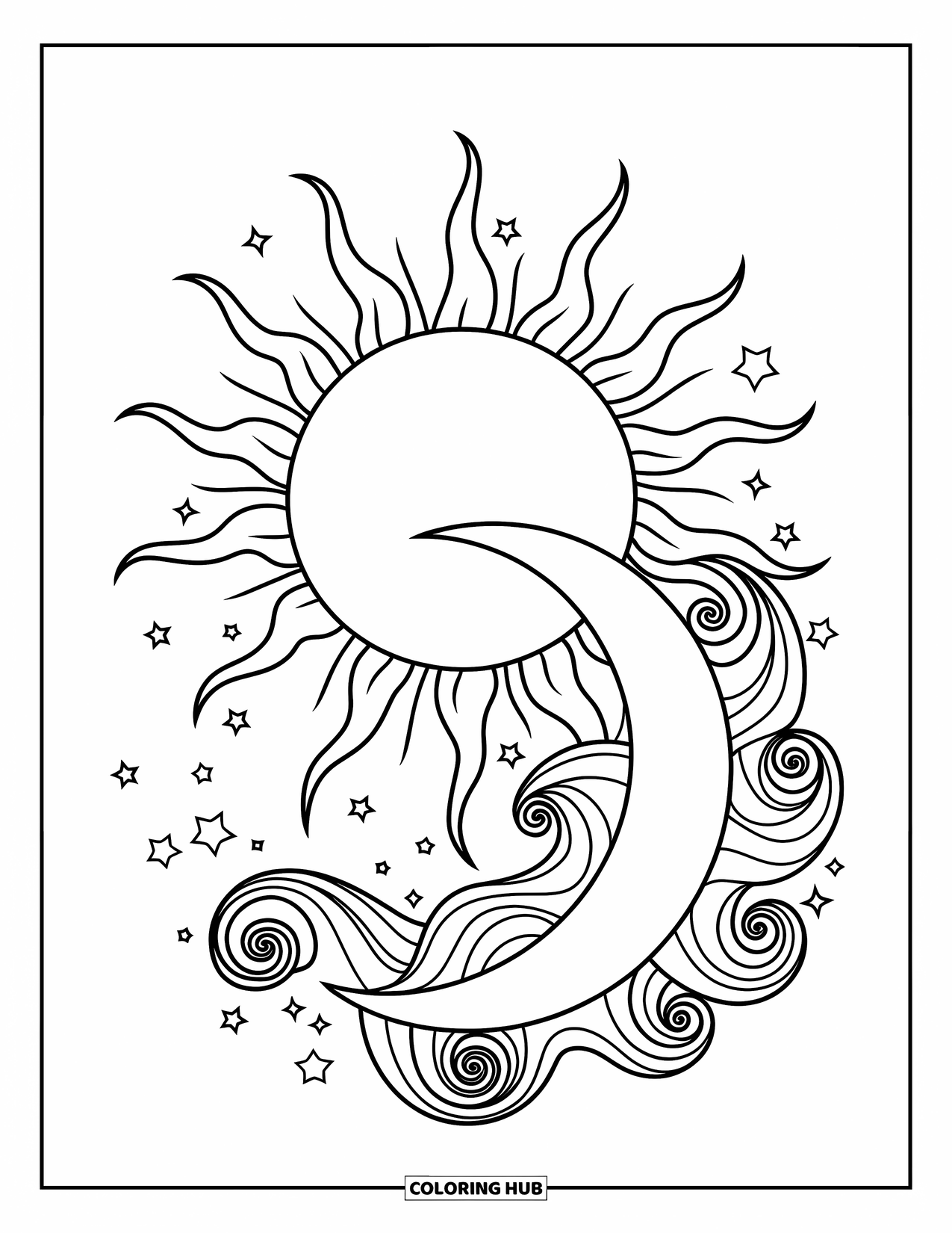 Sun And Moon Coloring Page for Kids: The sun flares and the moon swirls with stars in a peaceful sky