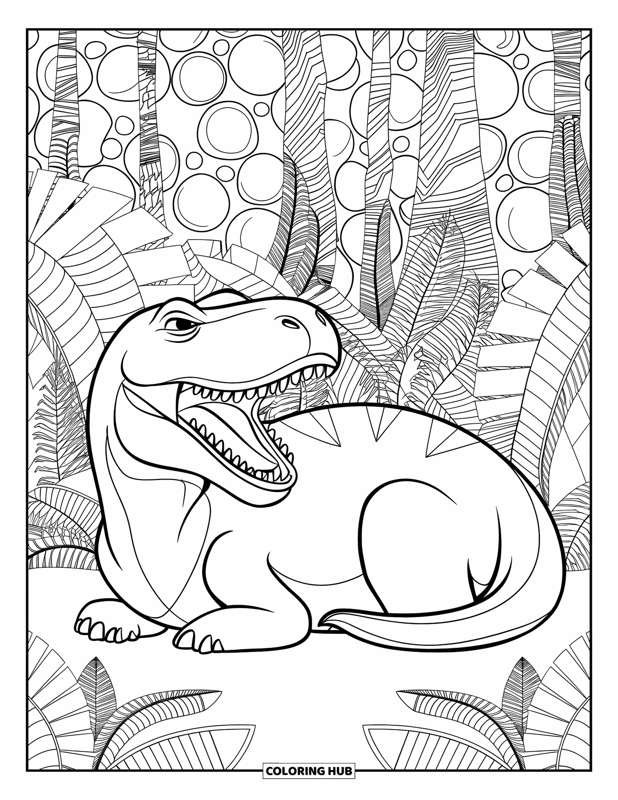 T-Rex Coloring Page for Adults: A calm T-Rex sits among patterned trees and leaves with bold outlines
