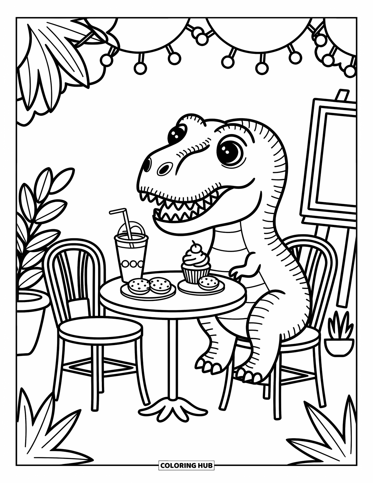 T-Rex Coloring Page for Adults: A happy T-Rex sits at a tiny café surrounded by lights and sweet snacks