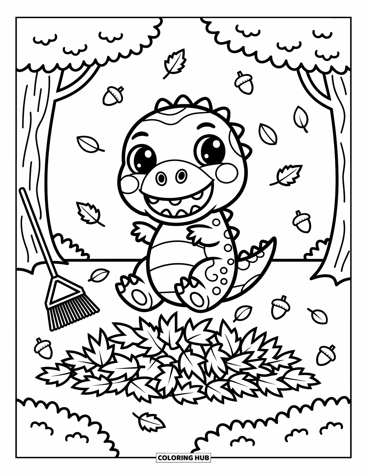 T-Rex Coloring Page for Adults: A joyful T-Rex dives into colorful leaves in a peaceful park