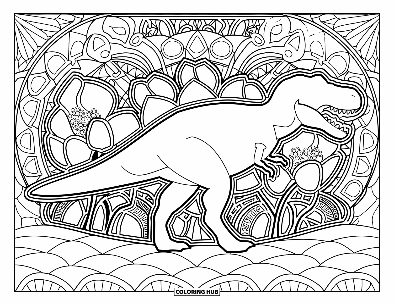 T-Rex Coloring Page for Adults: A mandala T-Rex walks over hills and valleys filled with detailed shapes