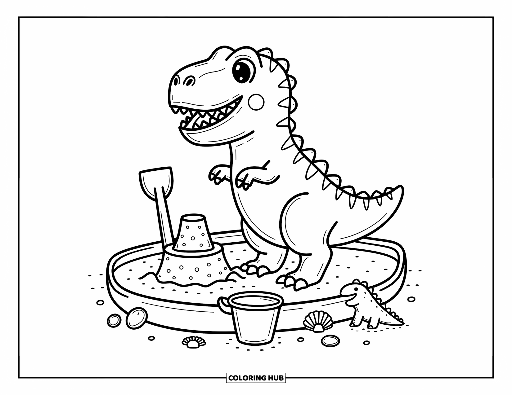 T-Rex Coloring Page for Adults: A proud T-Rex plays with toys and shells while building a sandcastle