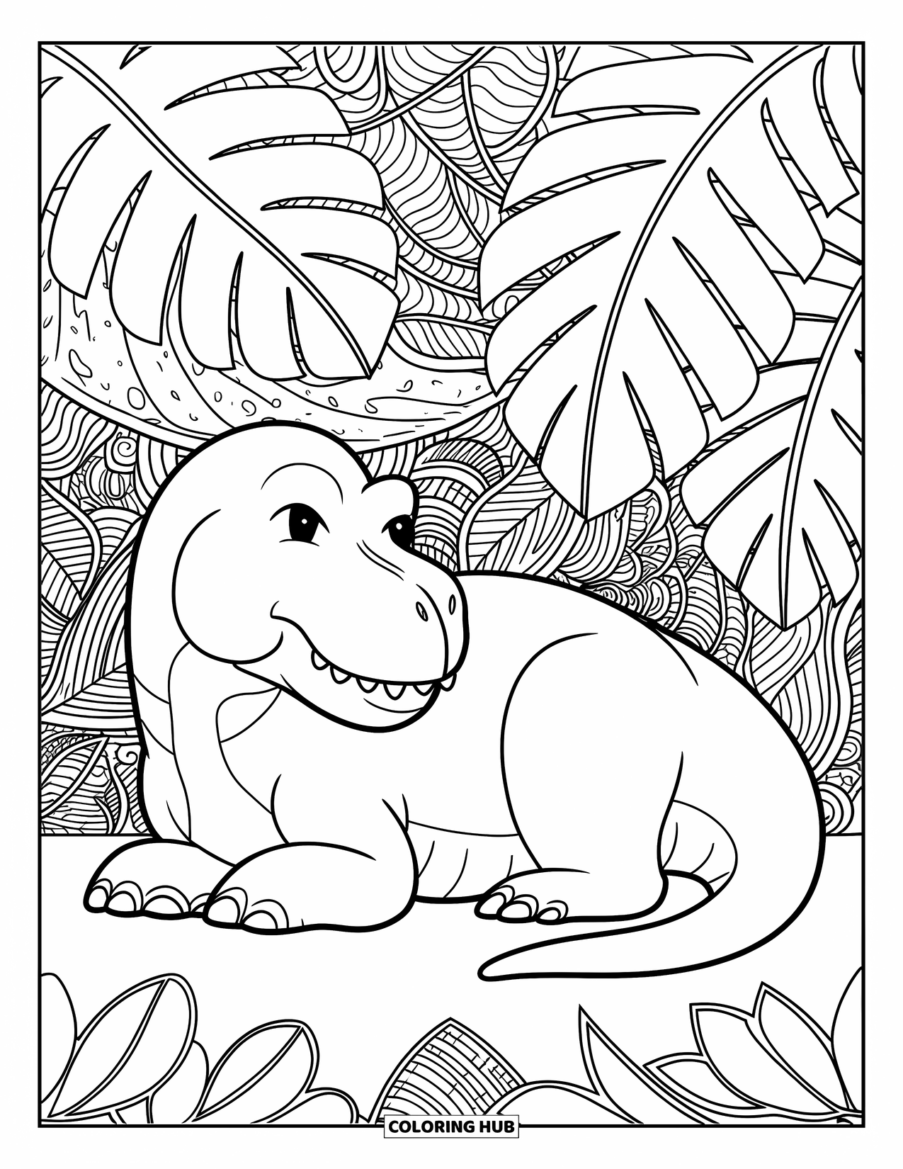 T-Rex Coloring Page for Adults: A resting T-Rex sits quietly in a jungle of patterned leaves and vines