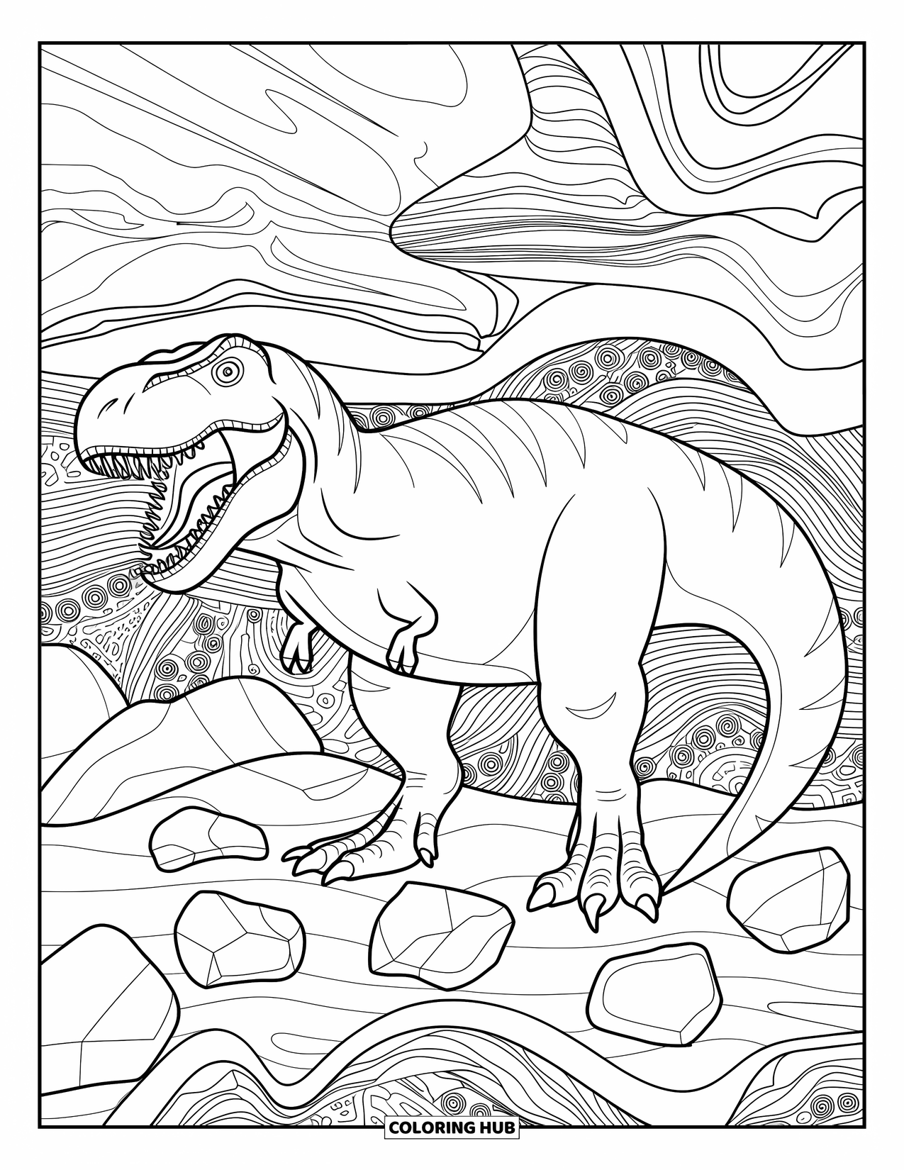 T-Rex Coloring Page for Adults: A roaring T-Rex is surrounded by waves of swirling line art and stones