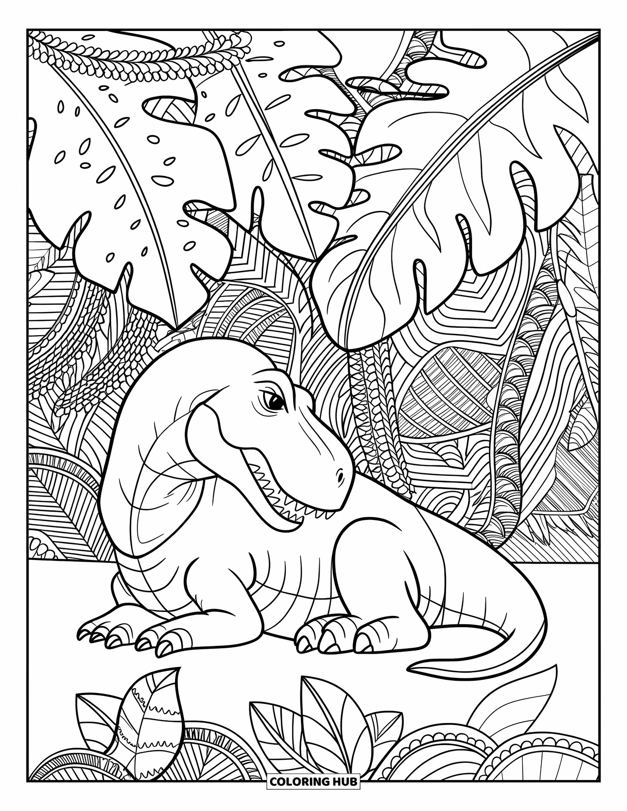 T-Rex Coloring Page for Adults: A seated T-Rex bows its head in a jungle filled with swirly foliage