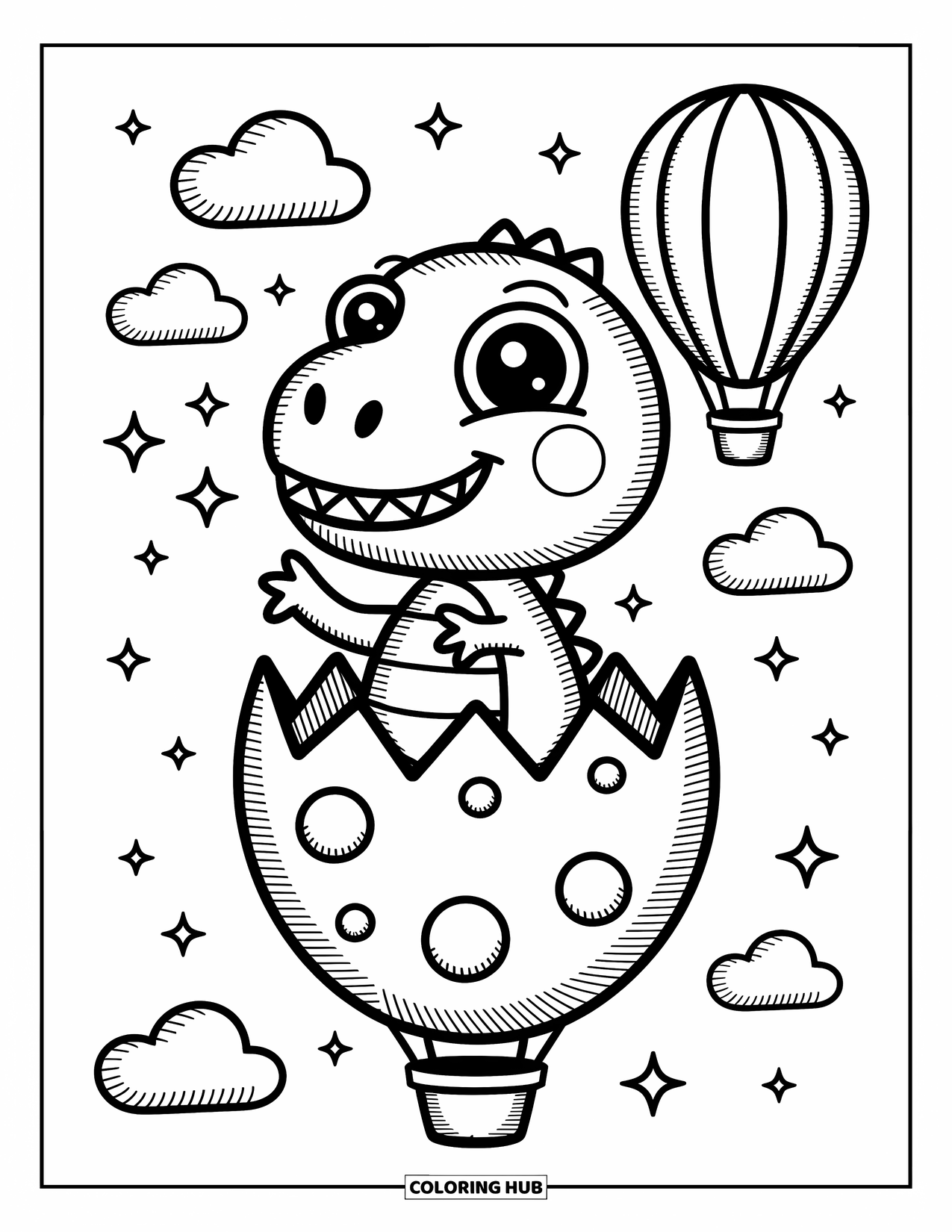 T-Rex Coloring Page for Adults: A waving T-Rex soars in a balloon egg with birds and puffy clouds