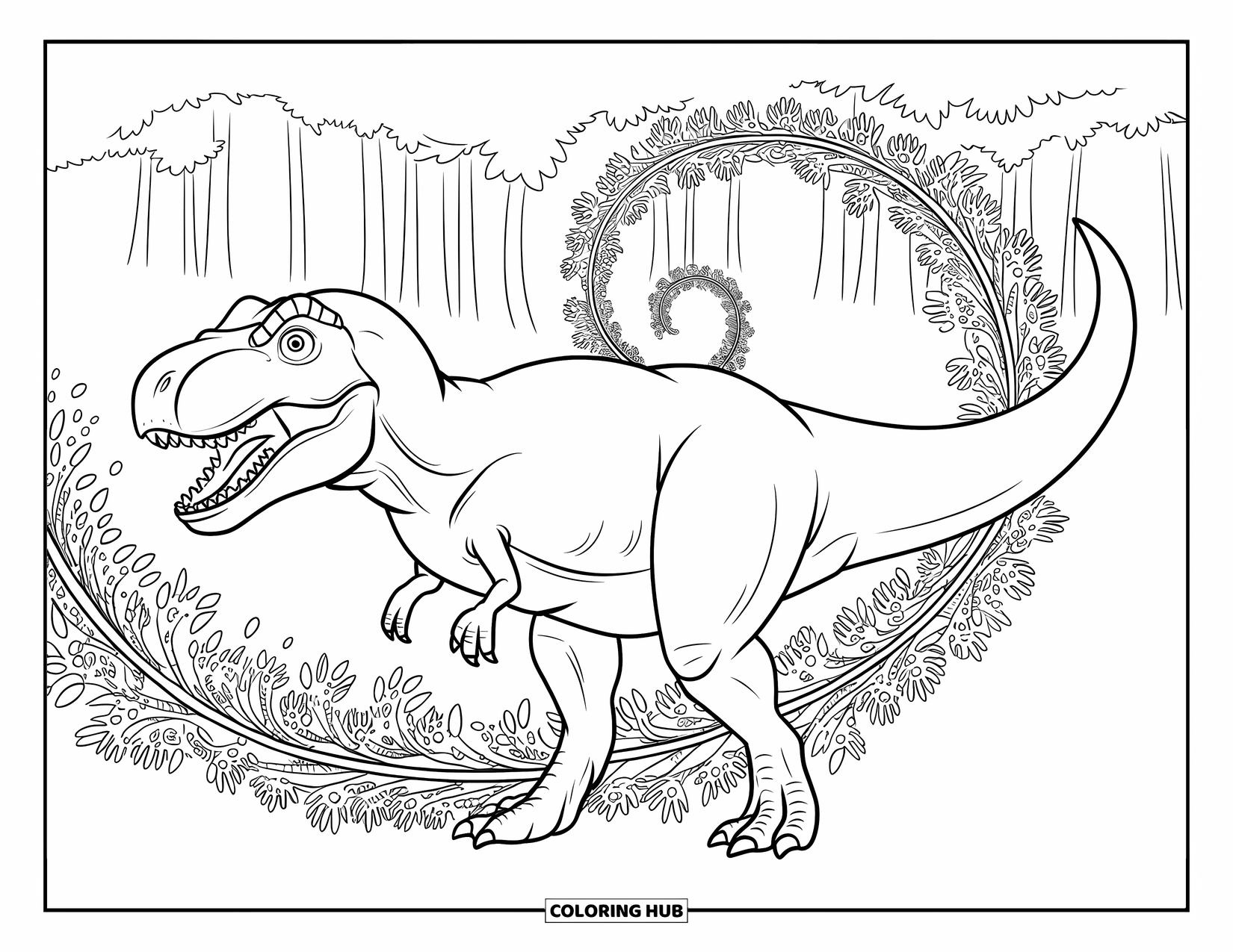 T-Rex Coloring Page for Adults: A wide-stance T-Rex walks through vines forming a spiral forest trail