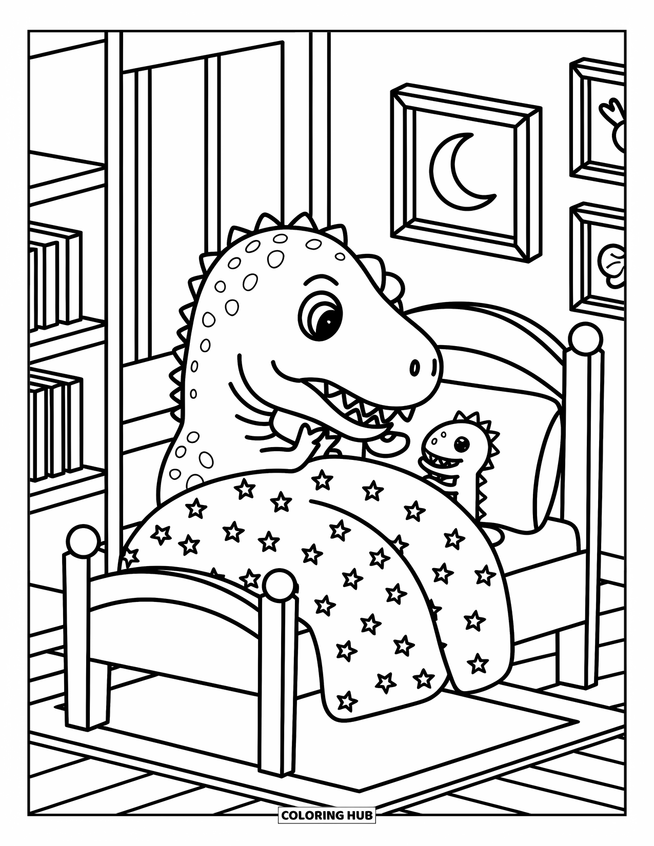 T-Rex Coloring Page for Adults: Cozy T-Rex naps in bed with a plush dino and a moon in the window