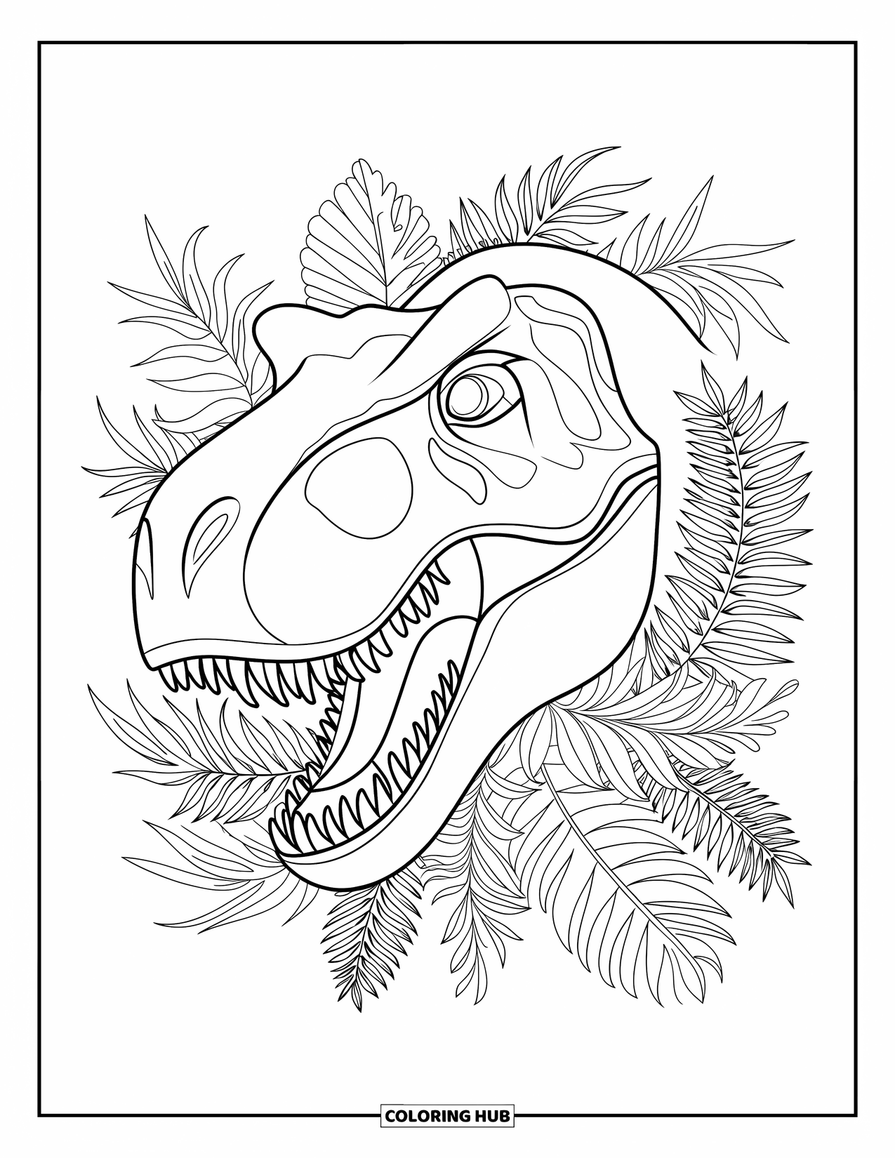 T-Rex Coloring Page for Adults: Detailed T-Rex head is surrounded by intricate ferns and bold tropical leaves