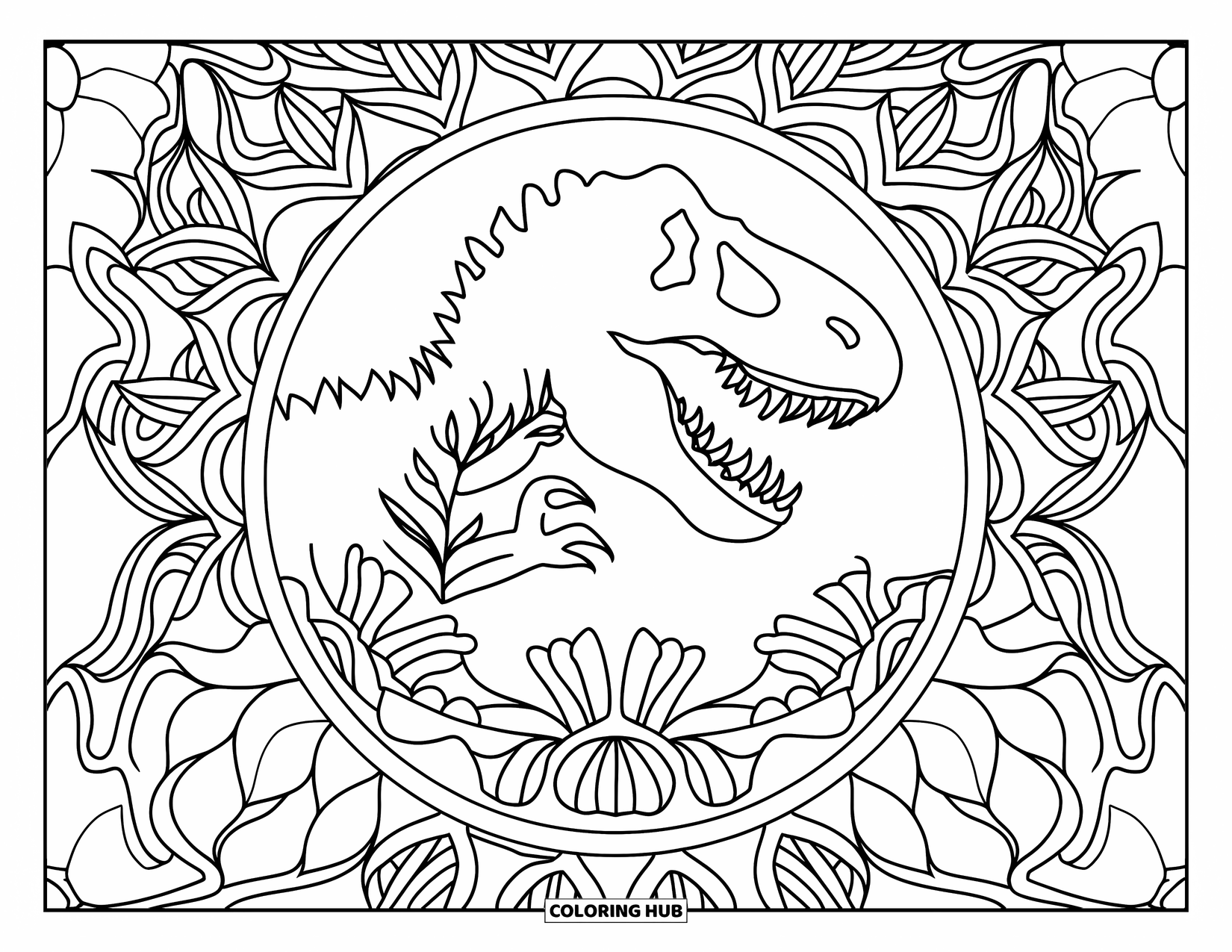 T-Rex Coloring Page for Adults: Floral and vine mandalas frame a T-Rex in a lush, patterned background