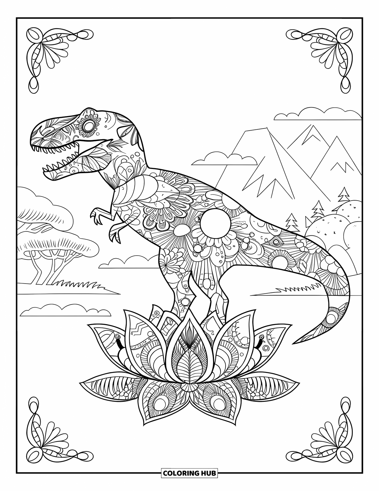 T-Rex Coloring Page for Adults: Mandala-style T-Rex stands on a lotus flower in a peaceful nature scene