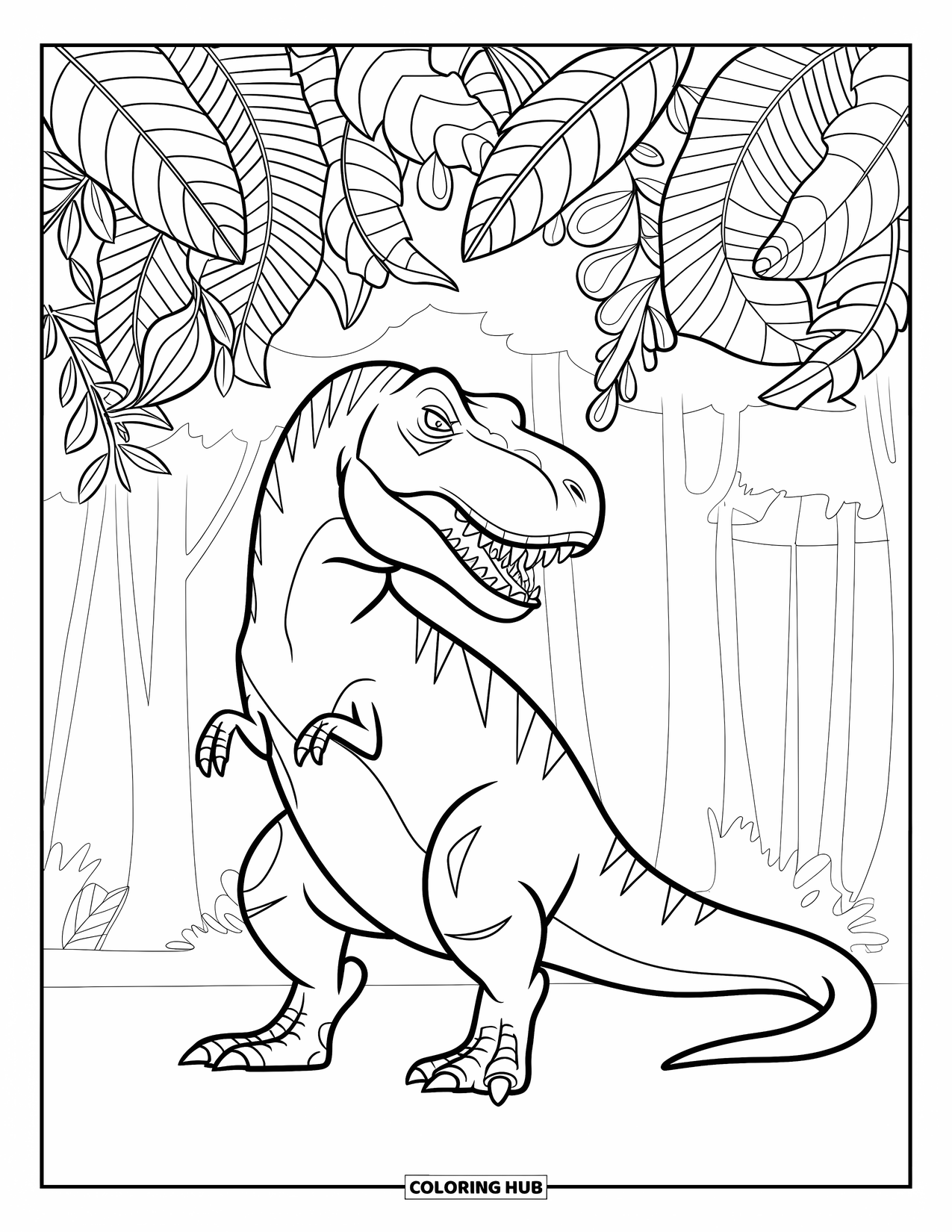 T-Rex Coloring Page for Adults: Seated T-Rex rests beneath tall jungle leaves with intricate patterns