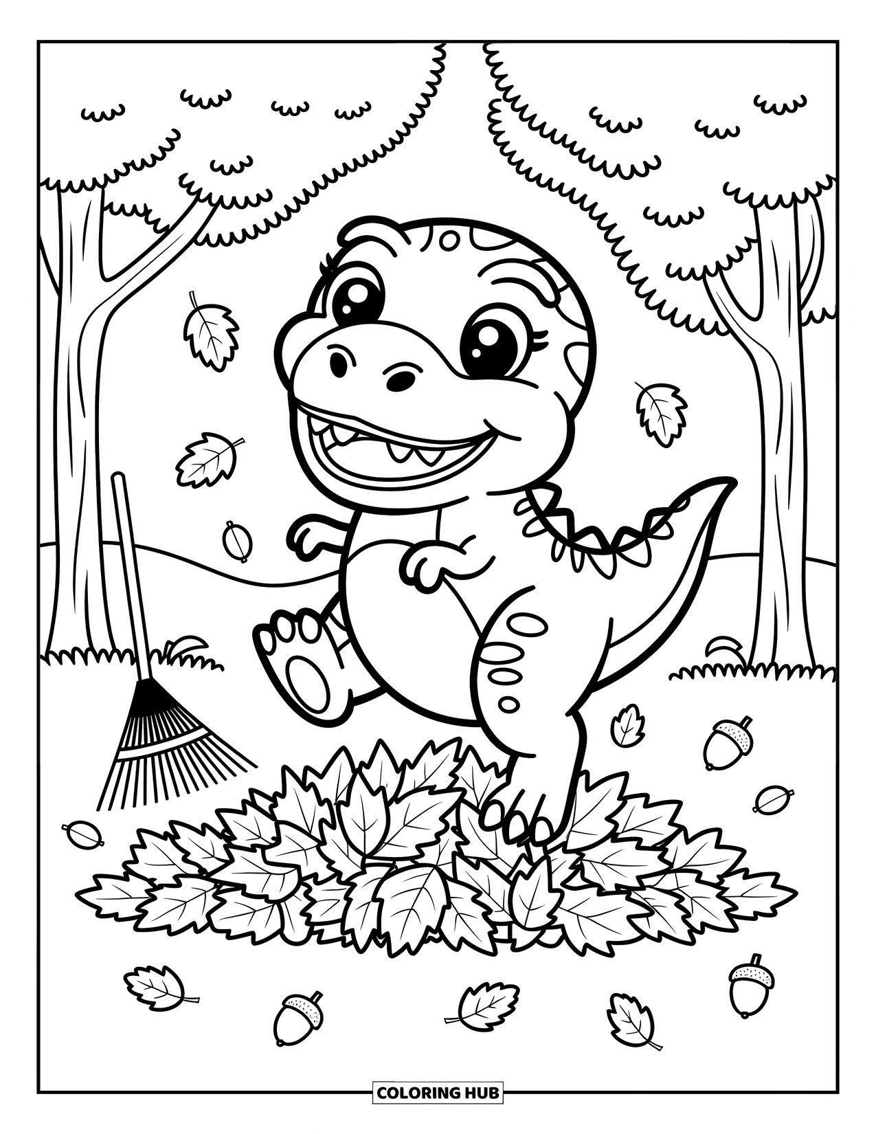 T-Rex Coloring Page for Adults: Smiling T-Rex jumps into a leaf pile with acorns gently falling around
