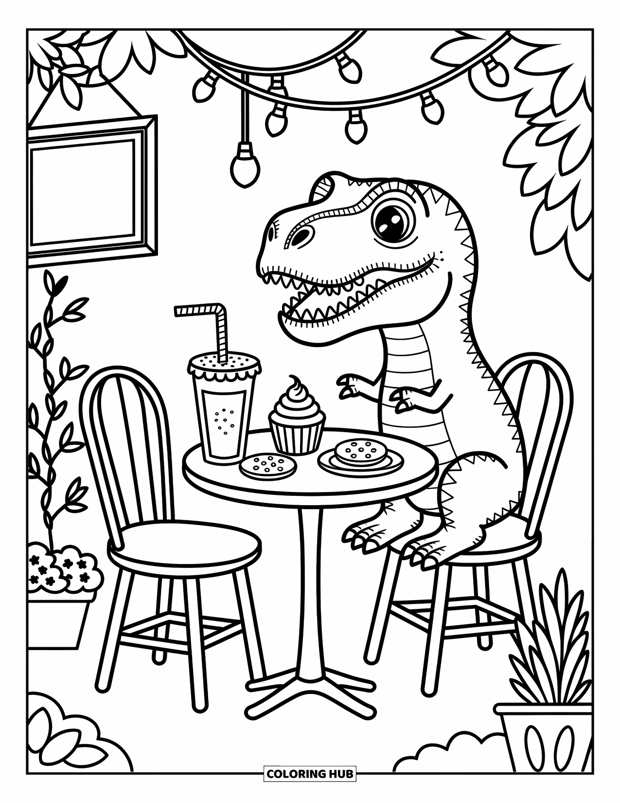 T-Rex Coloring Page for Adults: Smiling T-Rex sips from a tall drink beside cookies and cupcake treats