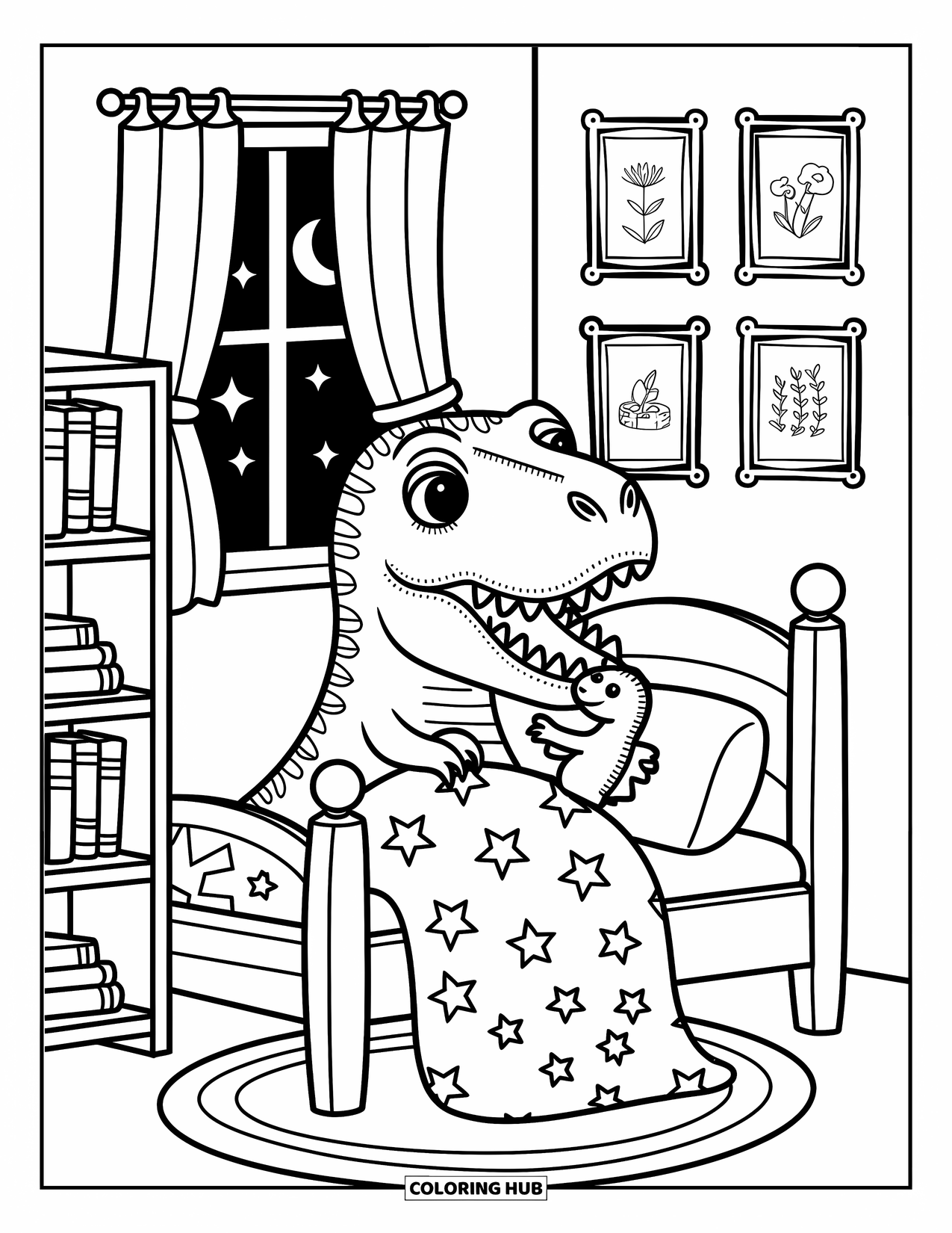 T-Rex Coloring Page for Adults: Snuggled in bed, T-Rex hugs a plush dino beneath the moonlight