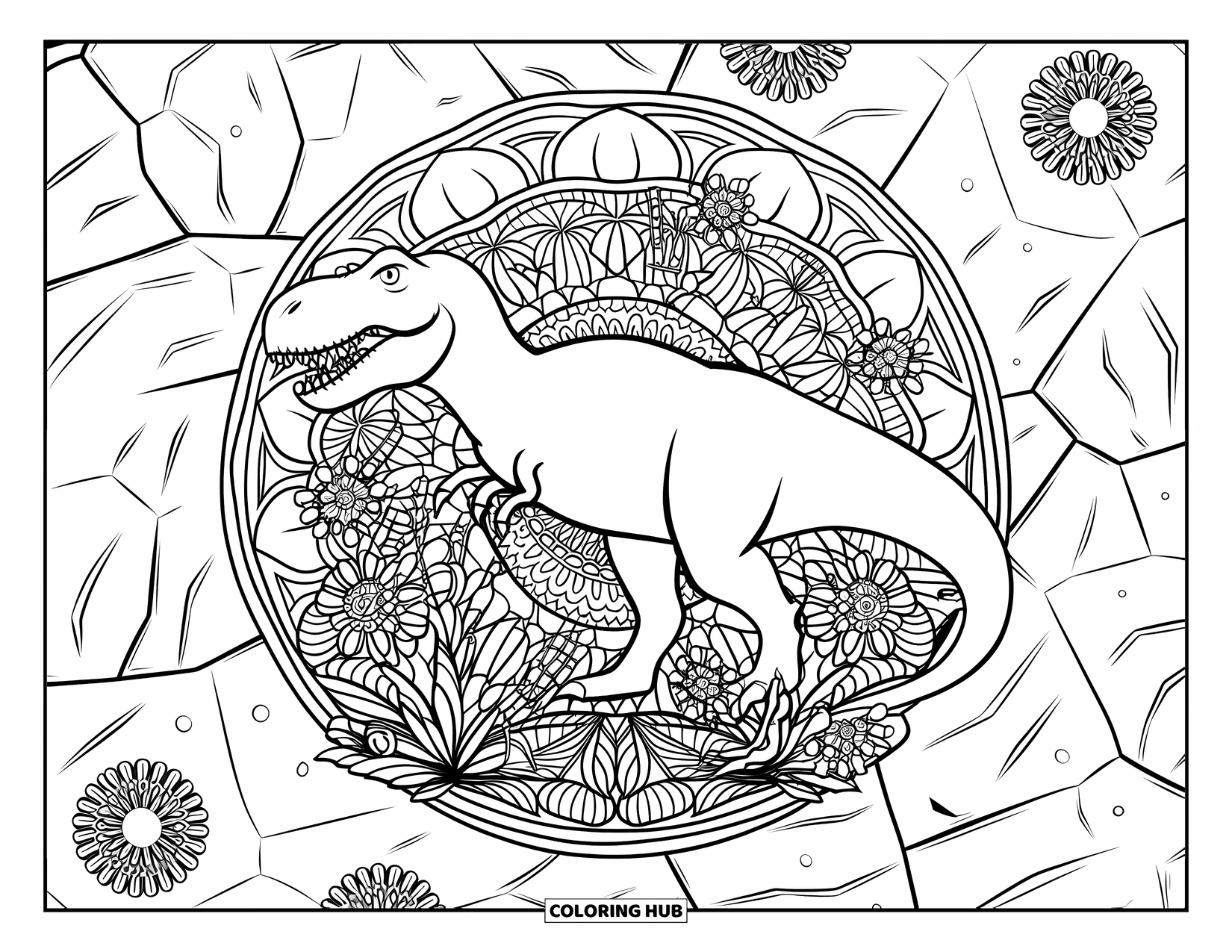 T-Rex Coloring Page for Adults: T-Rex and ancient flowers are outlined with swirling mandala patterns