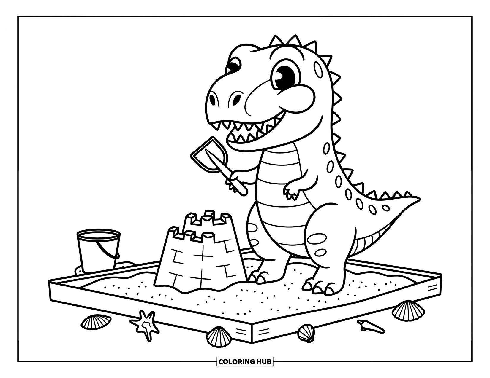 T-Rex Coloring Page for Adults: T-Rex builds a sandcastle with a tiny shovel in a sunny sandbox