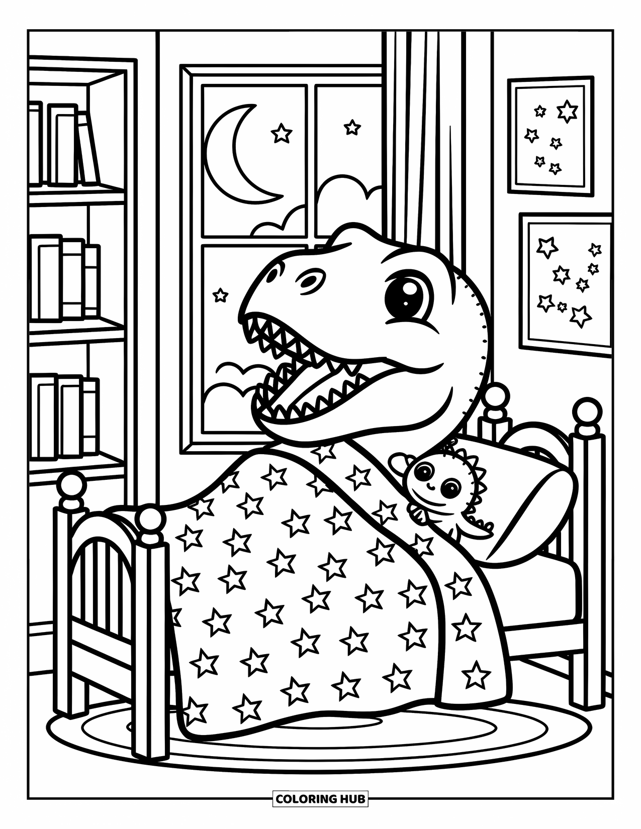 T-Rex Coloring Page for Adults: T-Rex cuddles a stuffed dino while tucked into bed with a star blanket