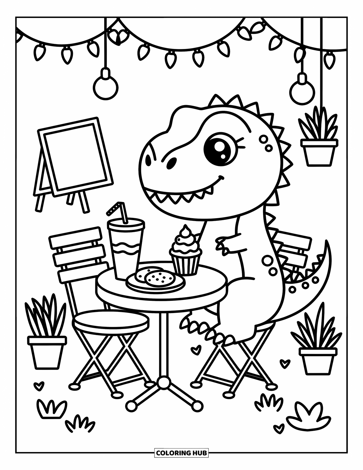 T-Rex Coloring Page for Adults: T-Rex enjoys cookies and a drink at a cozy café table with fairy lights