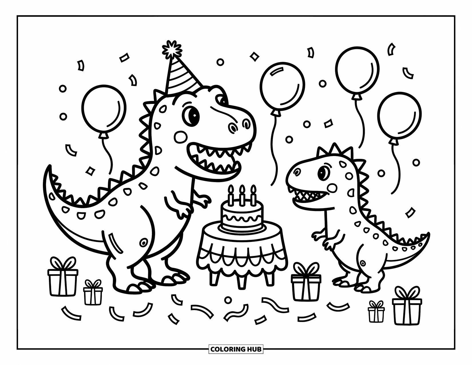 T-Rex Coloring Page for Adults: T-Rex grins at balloons and cake while friends toss streamers nearby