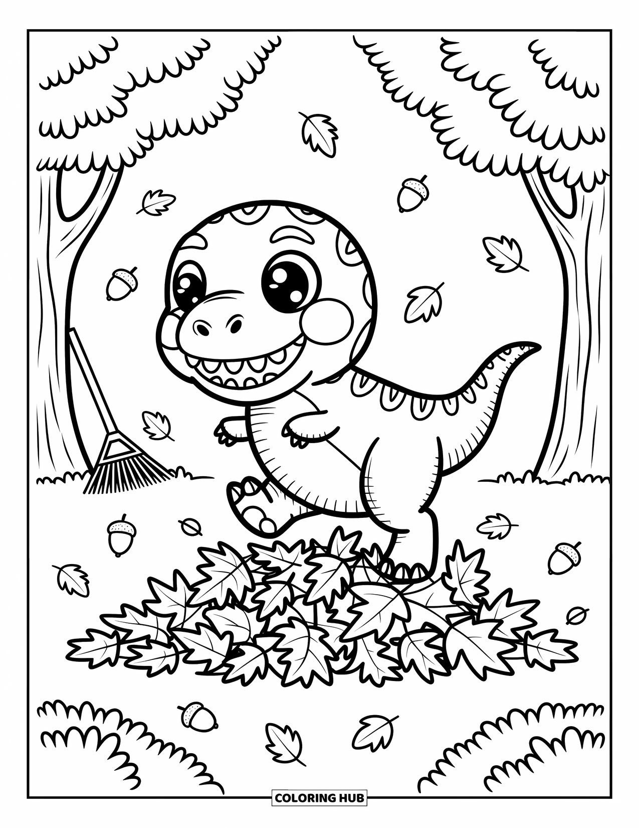 T-Rex Coloring Page for Adults: T-Rex leaps into autumn leaves while a rake leans against a tree