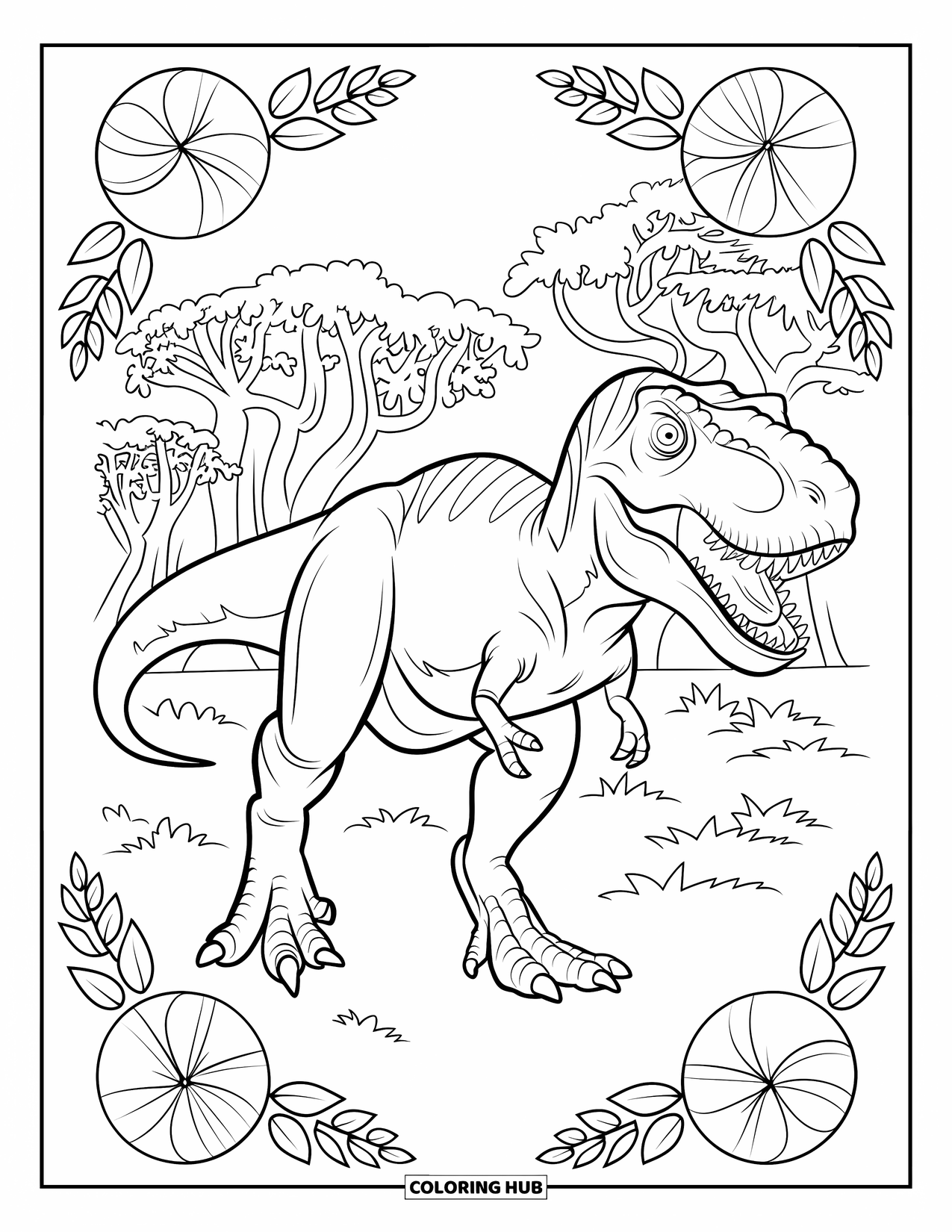 T-Rex Coloring Page for Adults: T-Rex poses among floral rings and ancient patterned forest trees