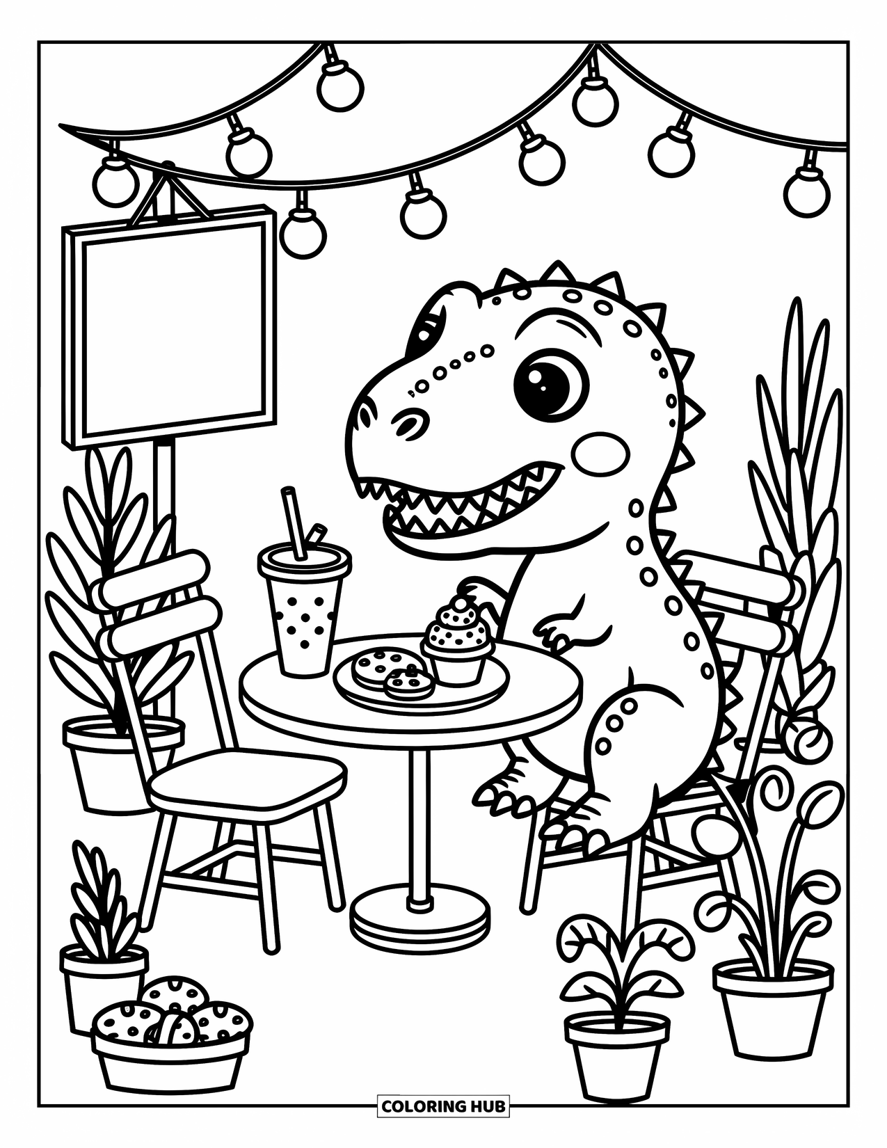T-Rex Coloring Page for Adults: T-Rex relaxes at a café table with snacks, plants, and a chalkboard sign