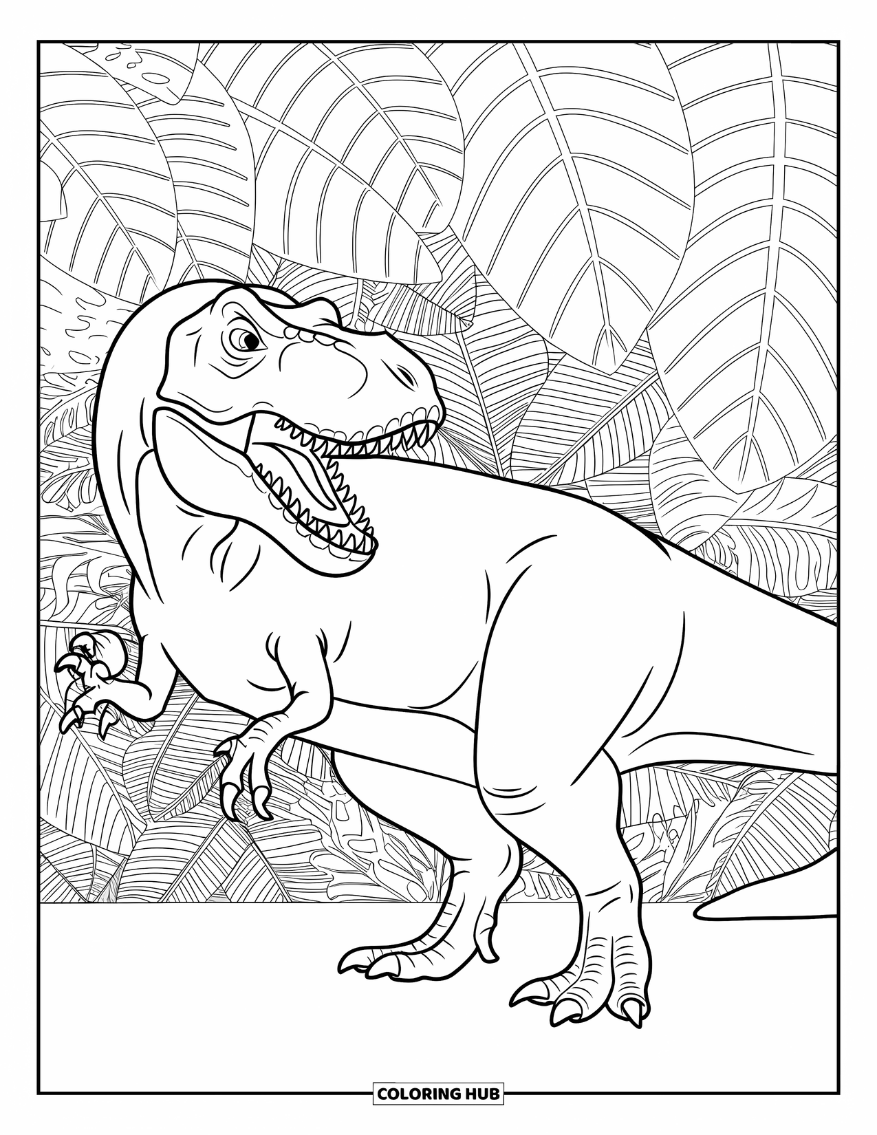 T-Rex Coloring Page for Adults: T-Rex rests in the jungle with large leaves forming a patterned border
