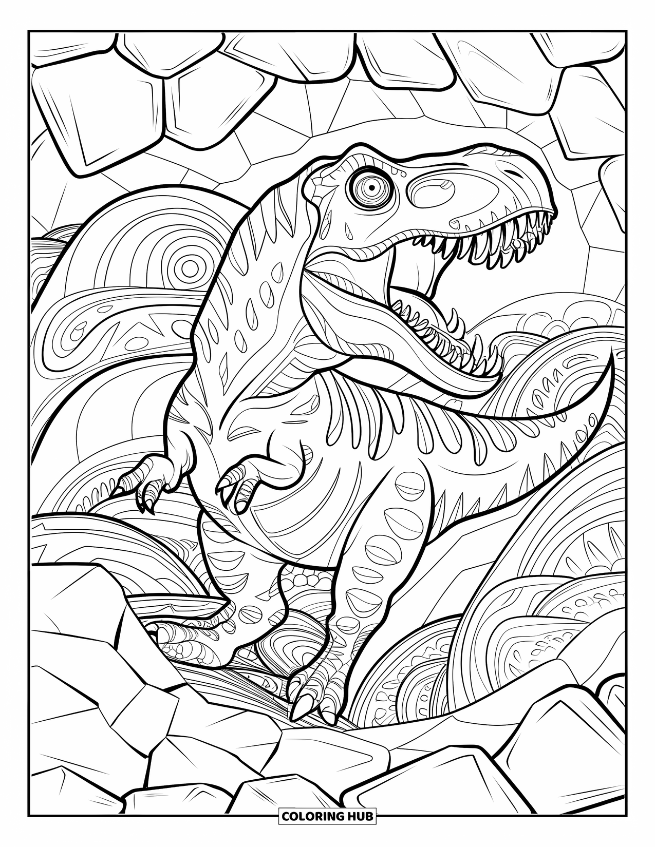 T-Rex Coloring Page for Adults: T-Rex roars loud with swirling patterns and rocky textures around it