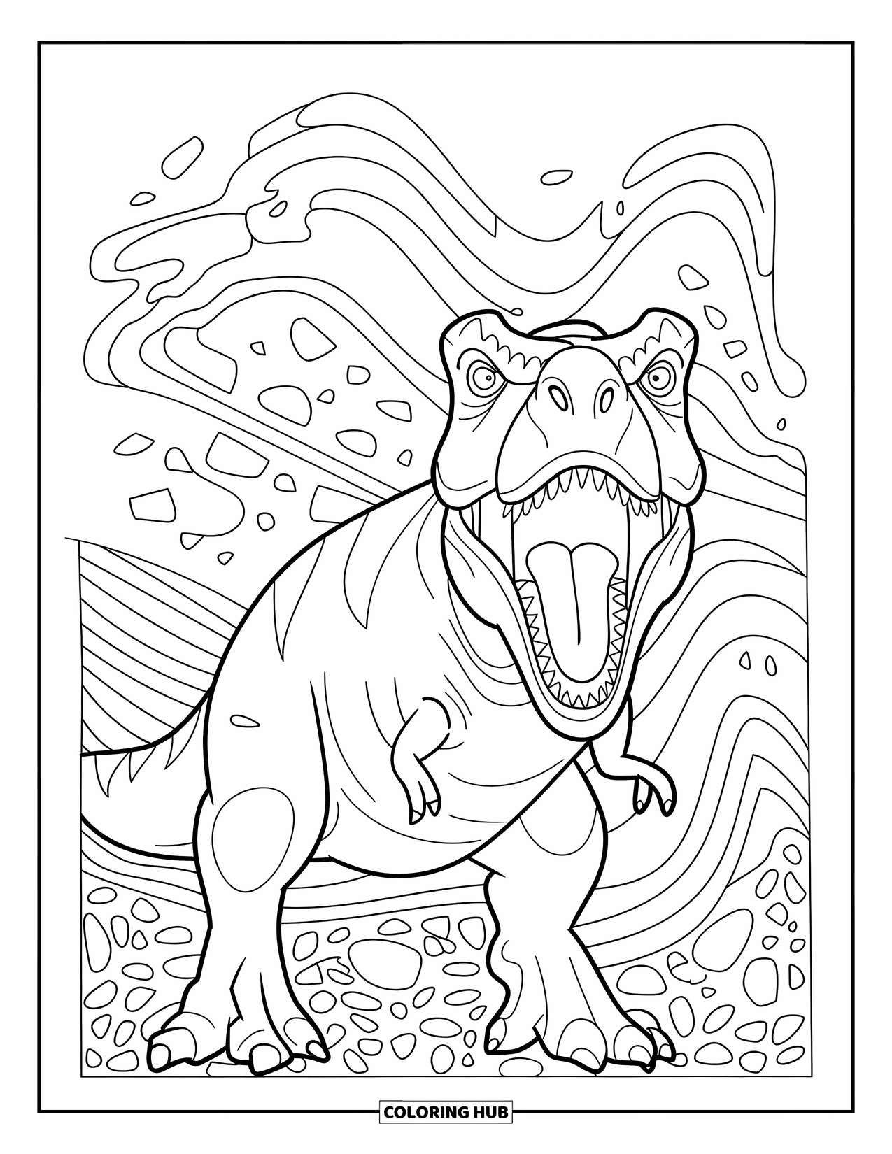 T-Rex Coloring Page for Adults: T-Rex roars within detailed swirls and a field of patterned stones