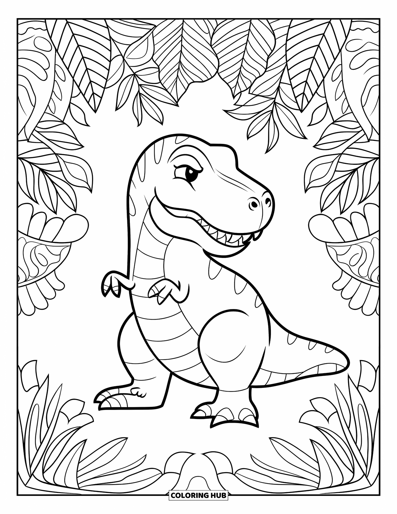 T-Rex Coloring Page for Adults: T-Rex sits peacefully under a jungle canopy filled with detailed leaves