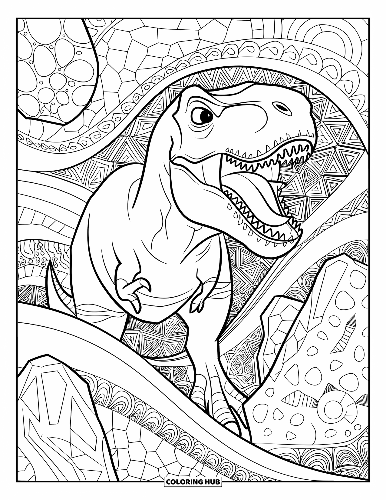 T-Rex Coloring Page for Adults: T-Rex stands among circular swirls and etched stone patterns