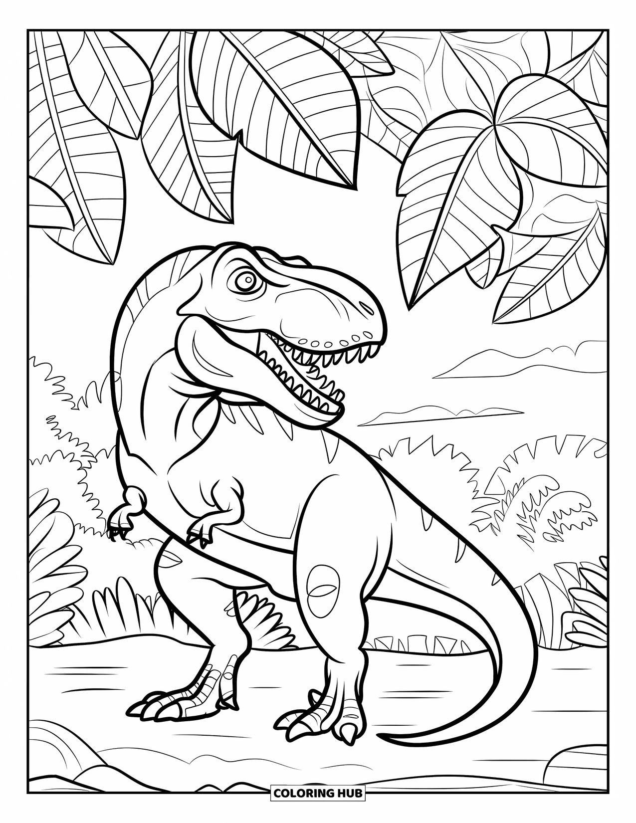 T-Rex Coloring Page for Adults: T-Rex stands calmly under a canopy of jungle leaves with bold details