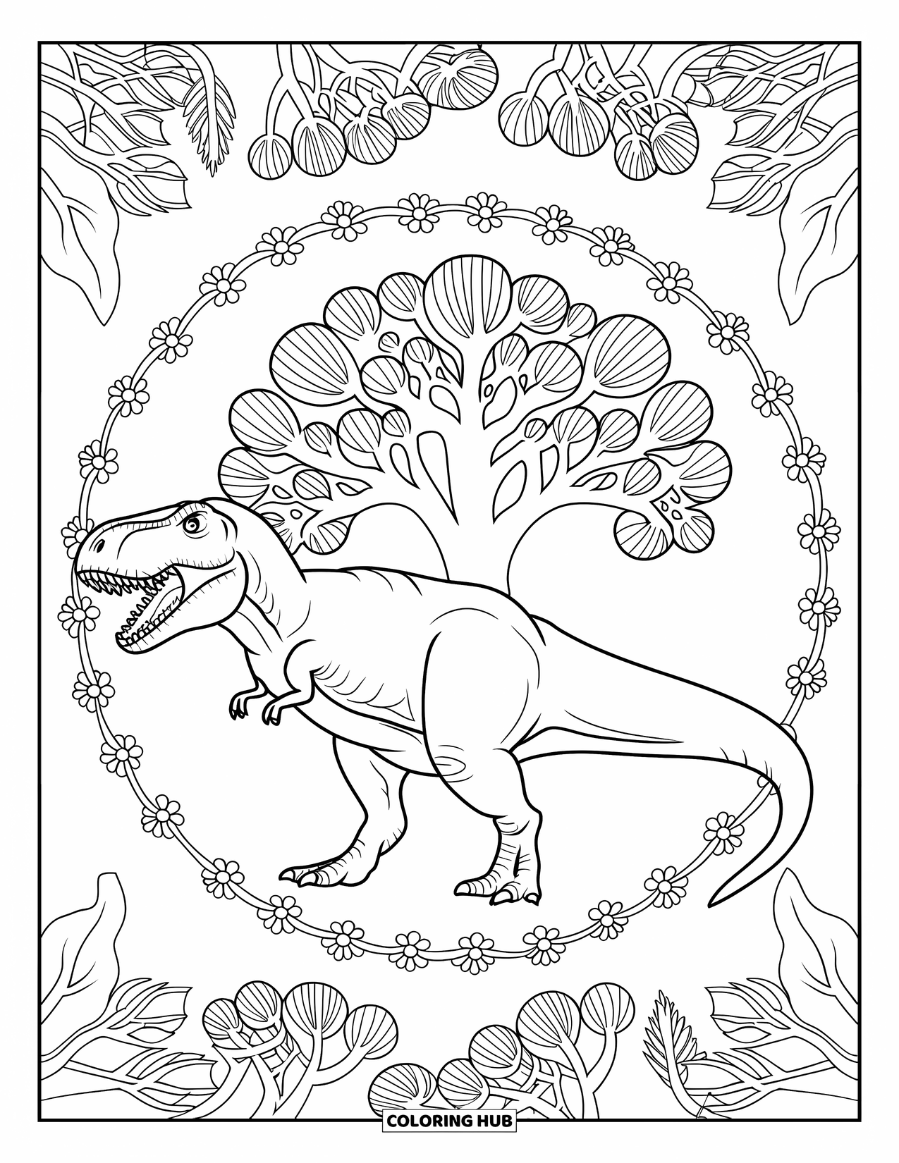 T-Rex Coloring Page for Adults: T-Rex stands in a floral ring with tree patterns filling the background