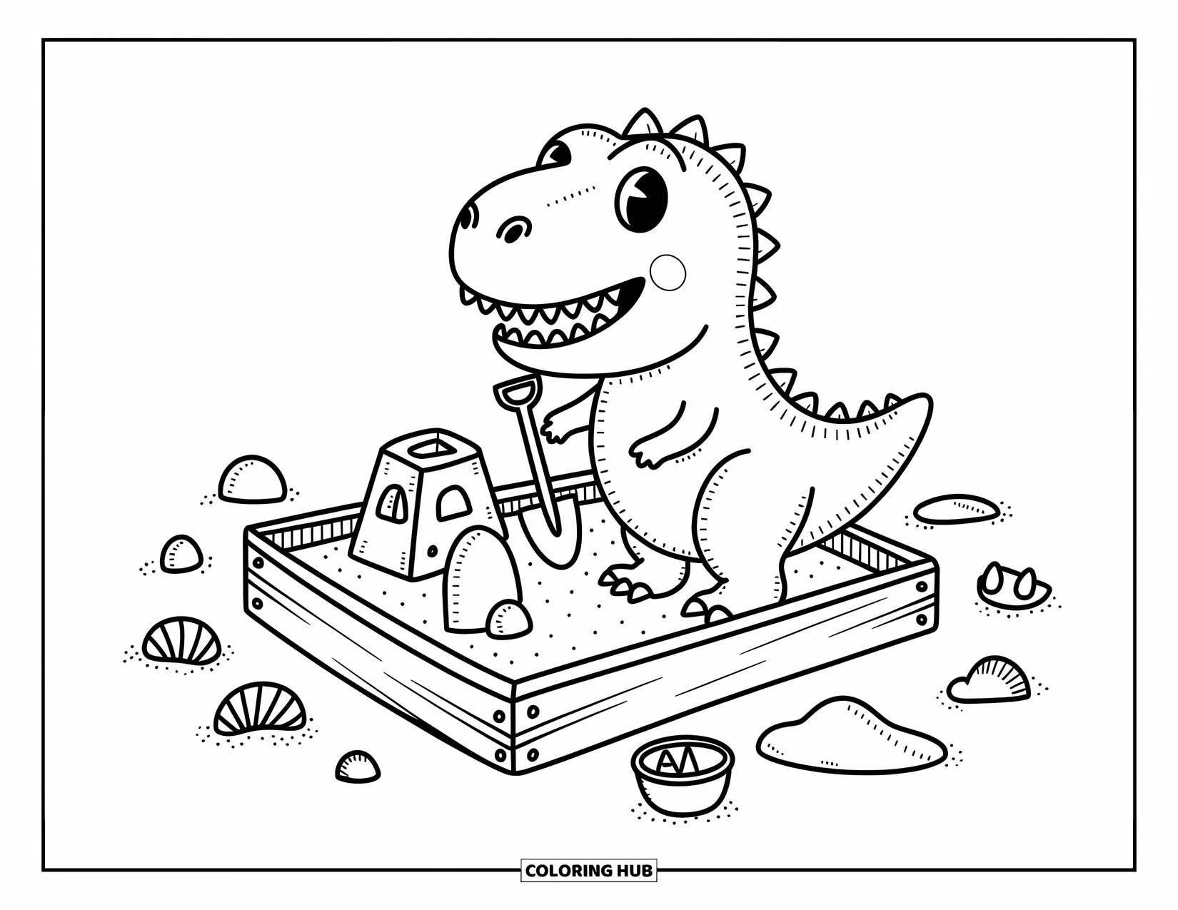T-Rex Coloring Page for Adults: T-Rex stands in a sandbox with toys, shells, and a half-built sandcastle