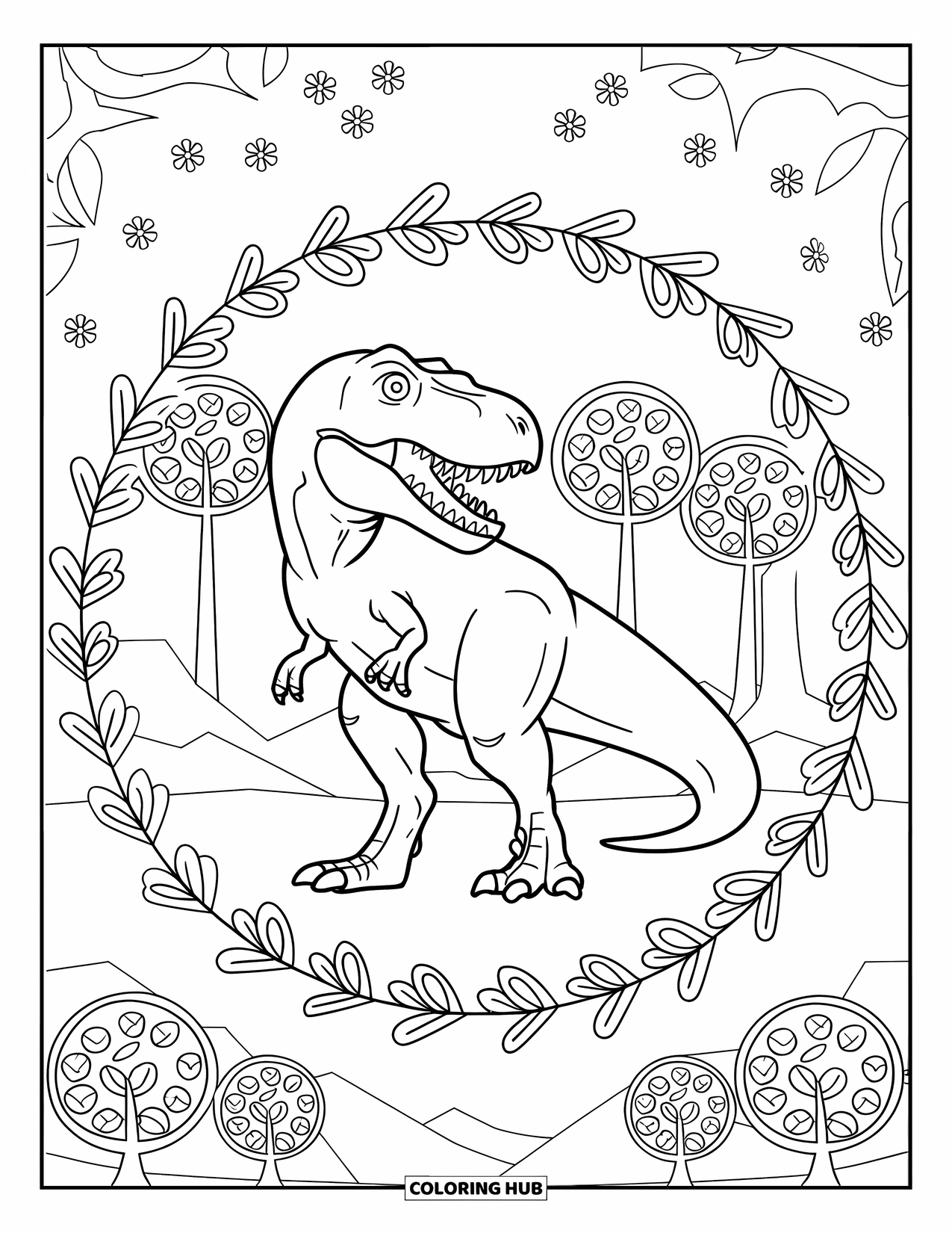 T-Rex Coloring Page for Adults: T-Rex stands on rocky terrain framed by floral circles and leafy trees
