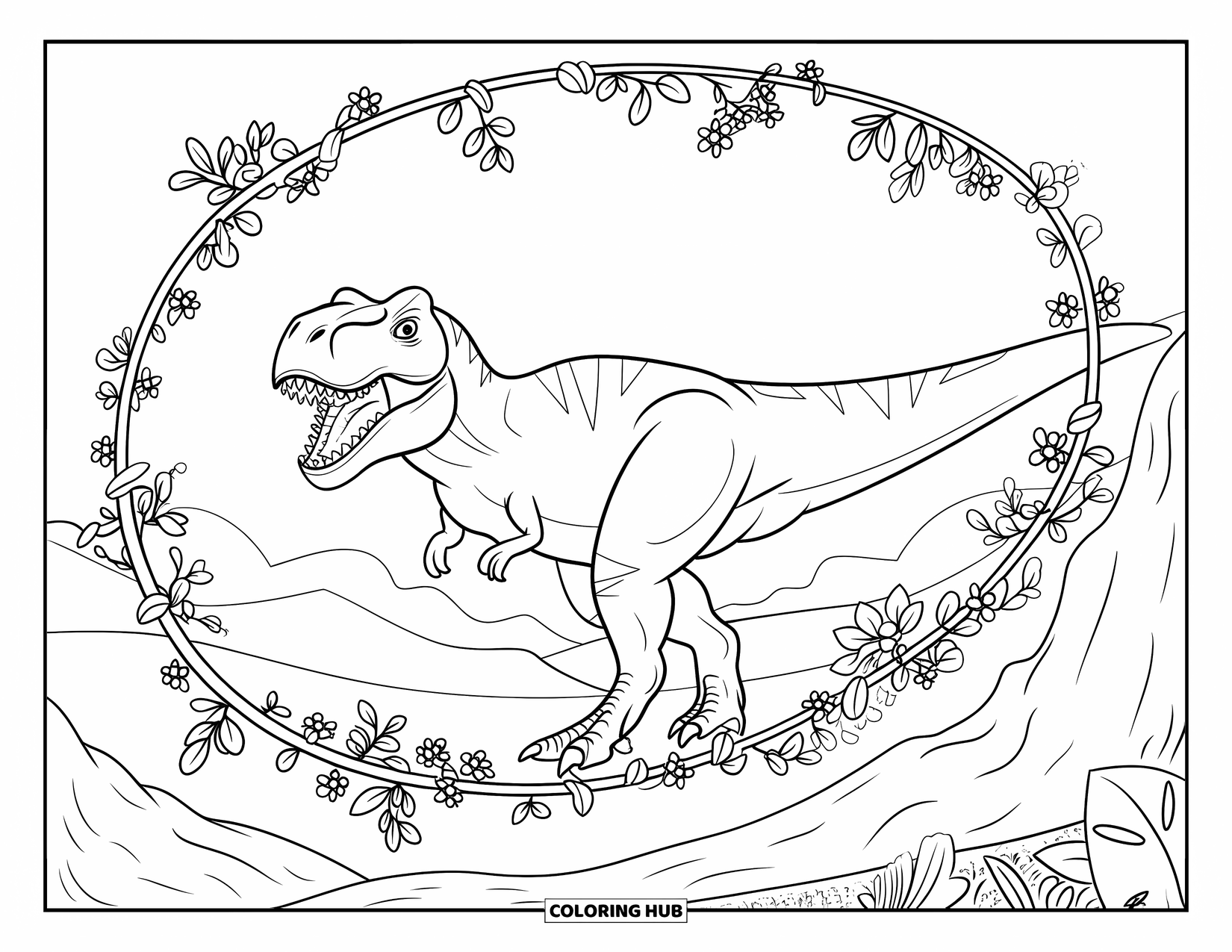 T-Rex Coloring Page for Adults: T-Rex walks a spiral path through blooming vines and rocky ground