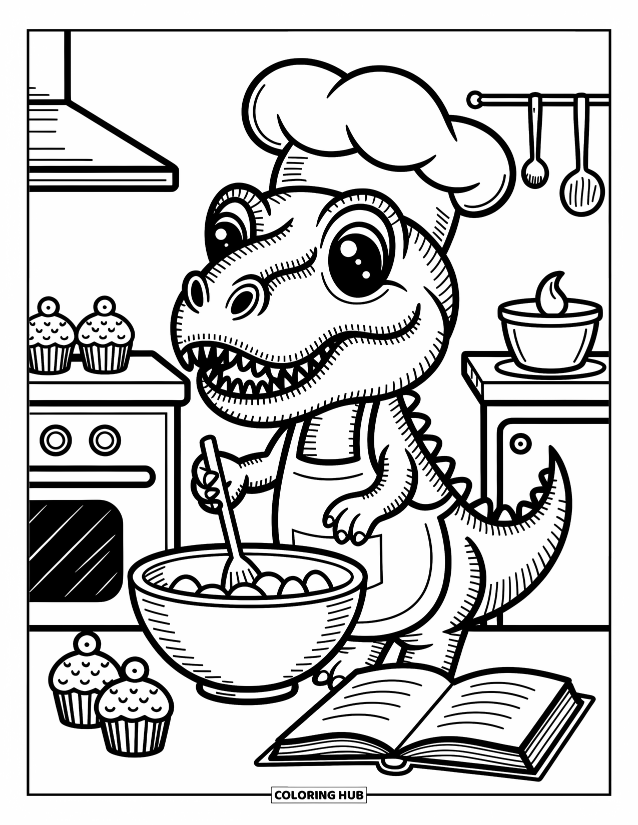 T-Rex Coloring Page for Adults: T-Rex wears a chef hat and stirs a bowl with eggs and flour nearby